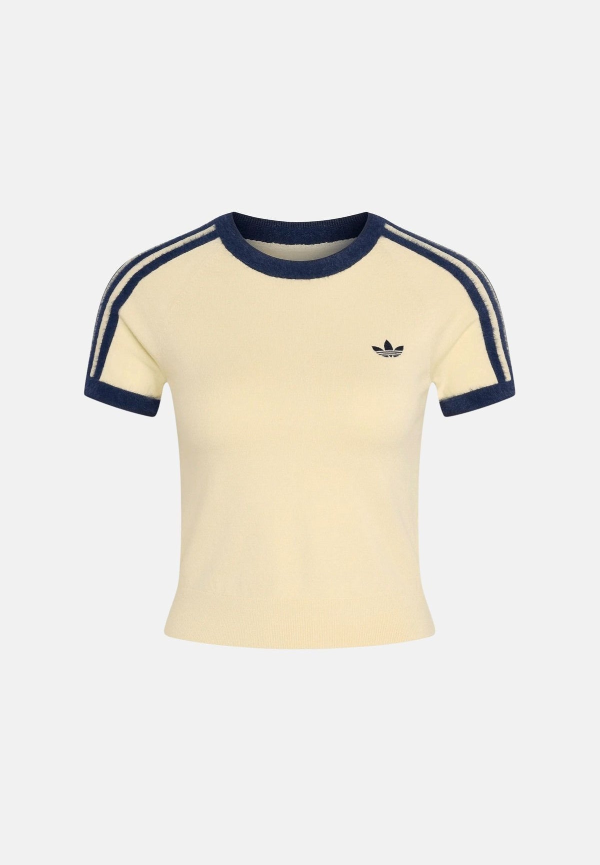 ADIDAS ORIGINALS T-shirt manica corta beige da donna con maniche corte e dettagli blu a contrasto KS7376 . ADIDAS ORIGINALS