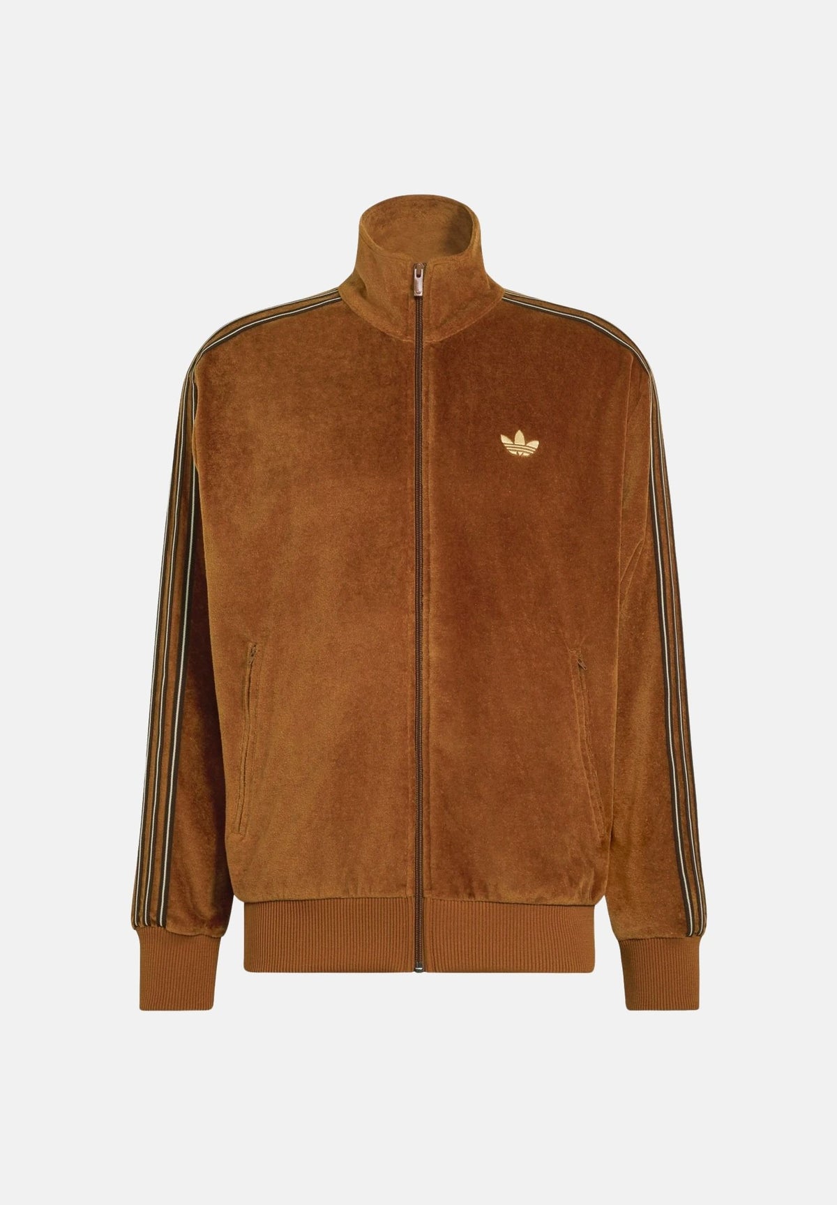 ADIDAS ORIGINALS Felpa con zip FIREBIRD VELOUR marrone-bronzo da uomo con iconiche 3-Stripes laterali KS7459 . ADIDAS ORIGINALS
