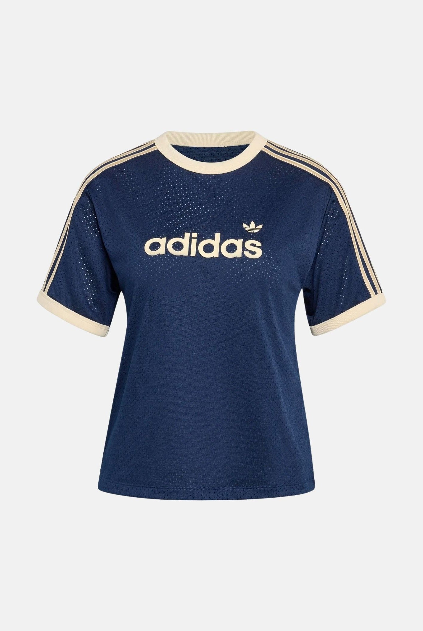 ADIDAS ORIGINALS T-shirt LINEAER IN MESH indigo-vaniglia, blu-crema da donna con logo frontale KS9841 . ADIDAS ORIGINALS