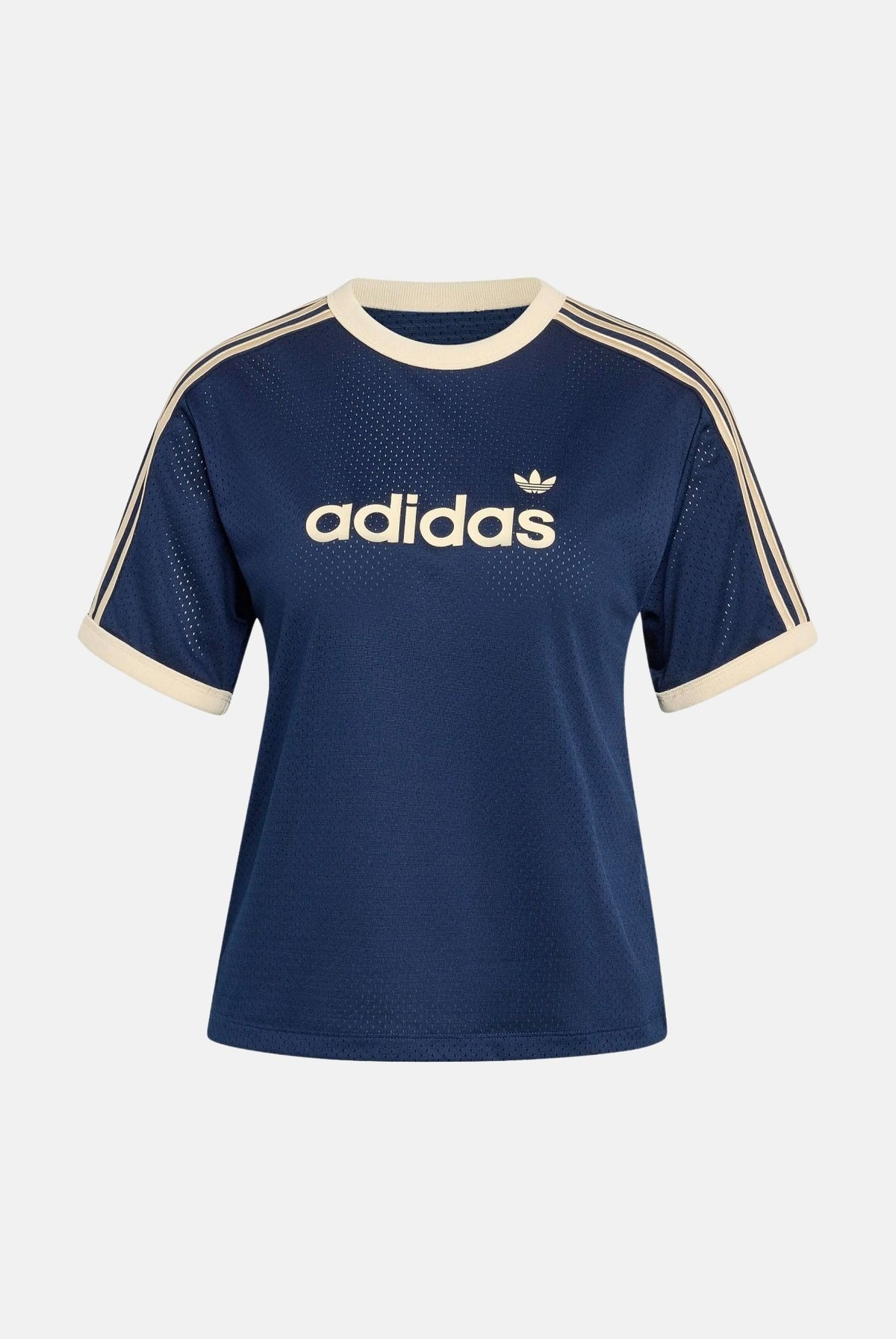 ADIDAS ORIGINALS T-shirt manica corta LINEAER IN MESH, blu-crema da donna con logo frontale KS9841 . ADIDAS ORIGINALS