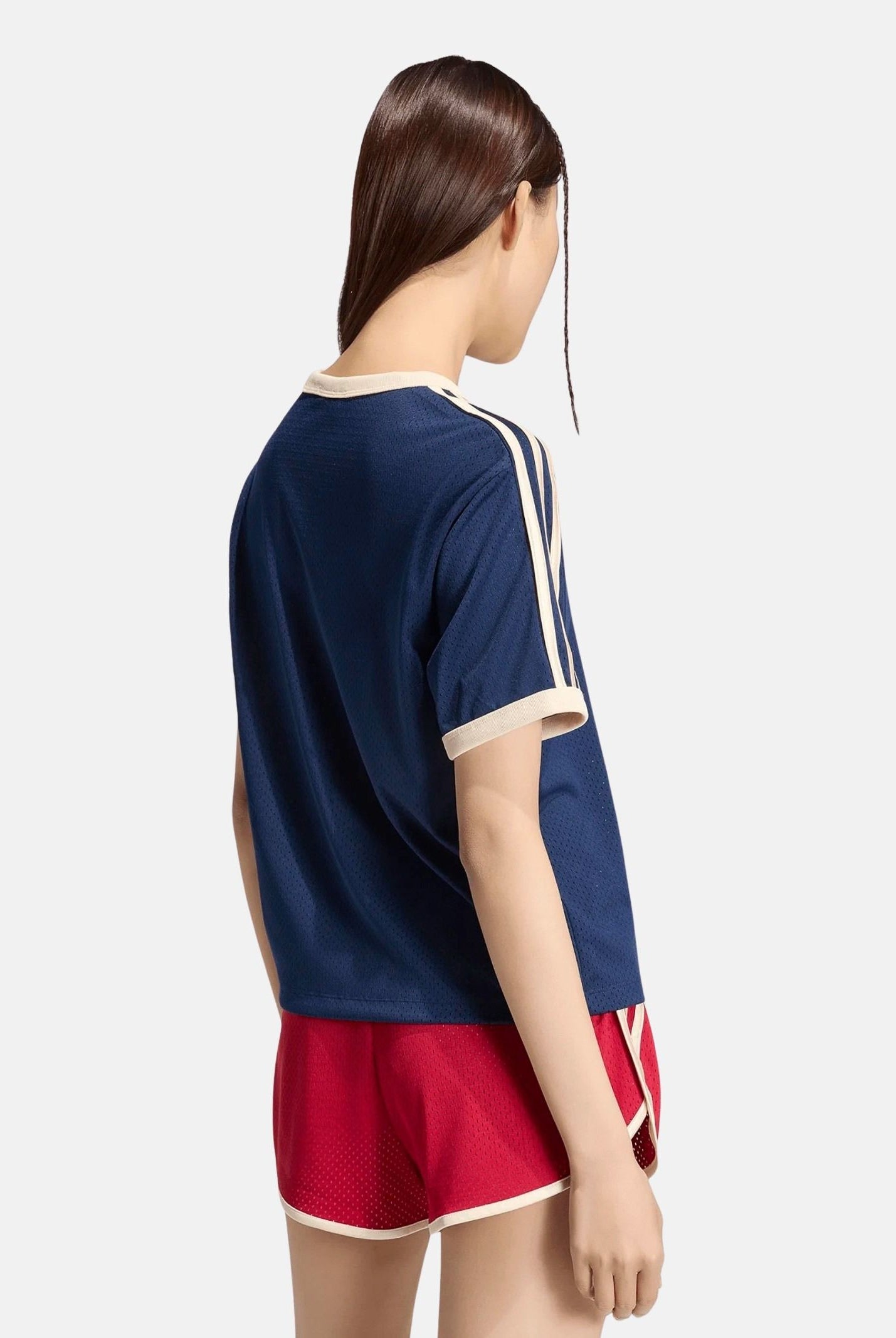 ADIDAS ORIGINALS T-shirt LINEAER IN MESH indigo-vaniglia, blu-crema da donna con logo frontale KS9841 . ADIDAS ORIGINALS