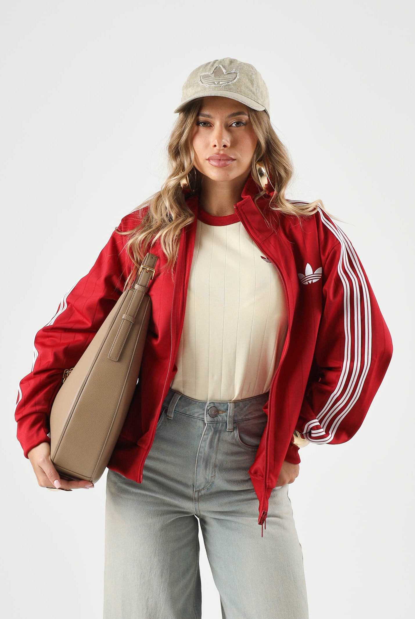 ADIDAS ORIGINALS Felpa PINSTRIPE con zip victory red, rossa e bianca, da donna KS9984 . ADIDAS ORIGINALS