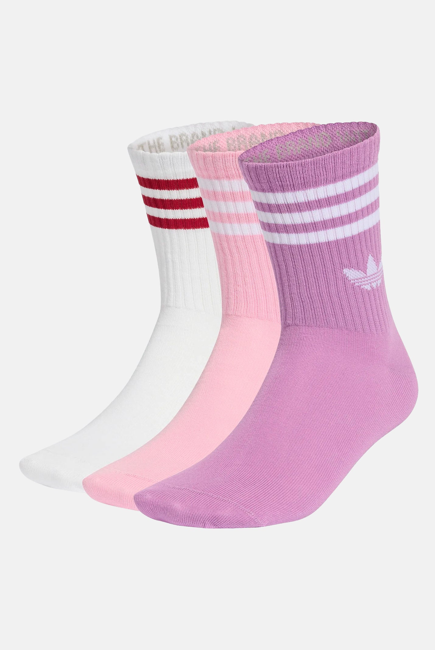 ADIDAS ORIGINALS Calze 3-Stripes Crew Socks 3 Pairs Preloved Purple / Bliss Pink / White, viola, rosa e bianco, da donna. KT1691 . ADIDAS ORIGINALS
