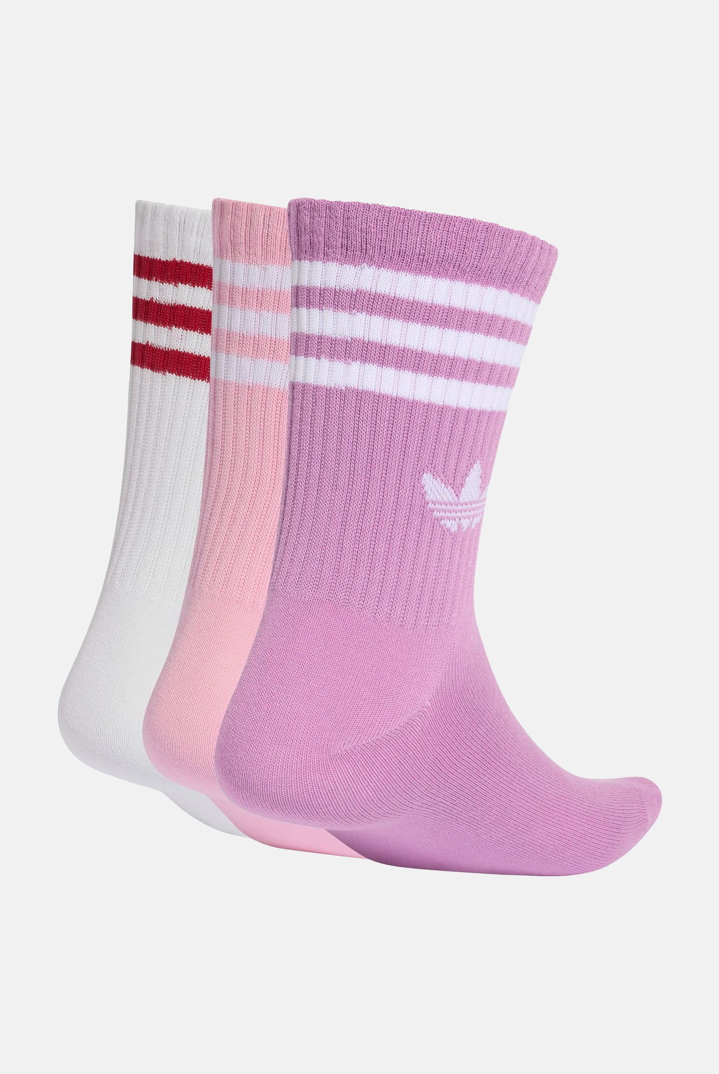 ADIDAS ORIGINALS Calze 3-Stripes Crew Socks 3 Pairs Preloved Purple / Bliss Pink / White, viola, rosa e bianco, da donna. KT1691 . ADIDAS ORIGINALS
