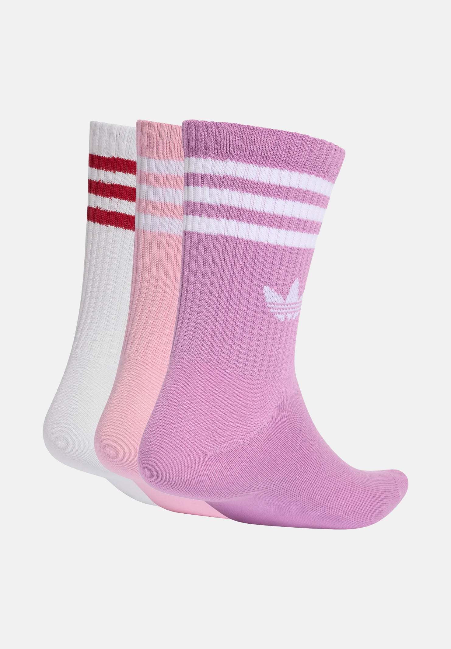 ADIDAS ORIGINALS Calze 3-Stripes Crew Socks 3 Pairs Preloved Purple / Bliss Pink / White, viola, rosa e bianco, da donna. KT1691 . ADIDAS ORIGINALS