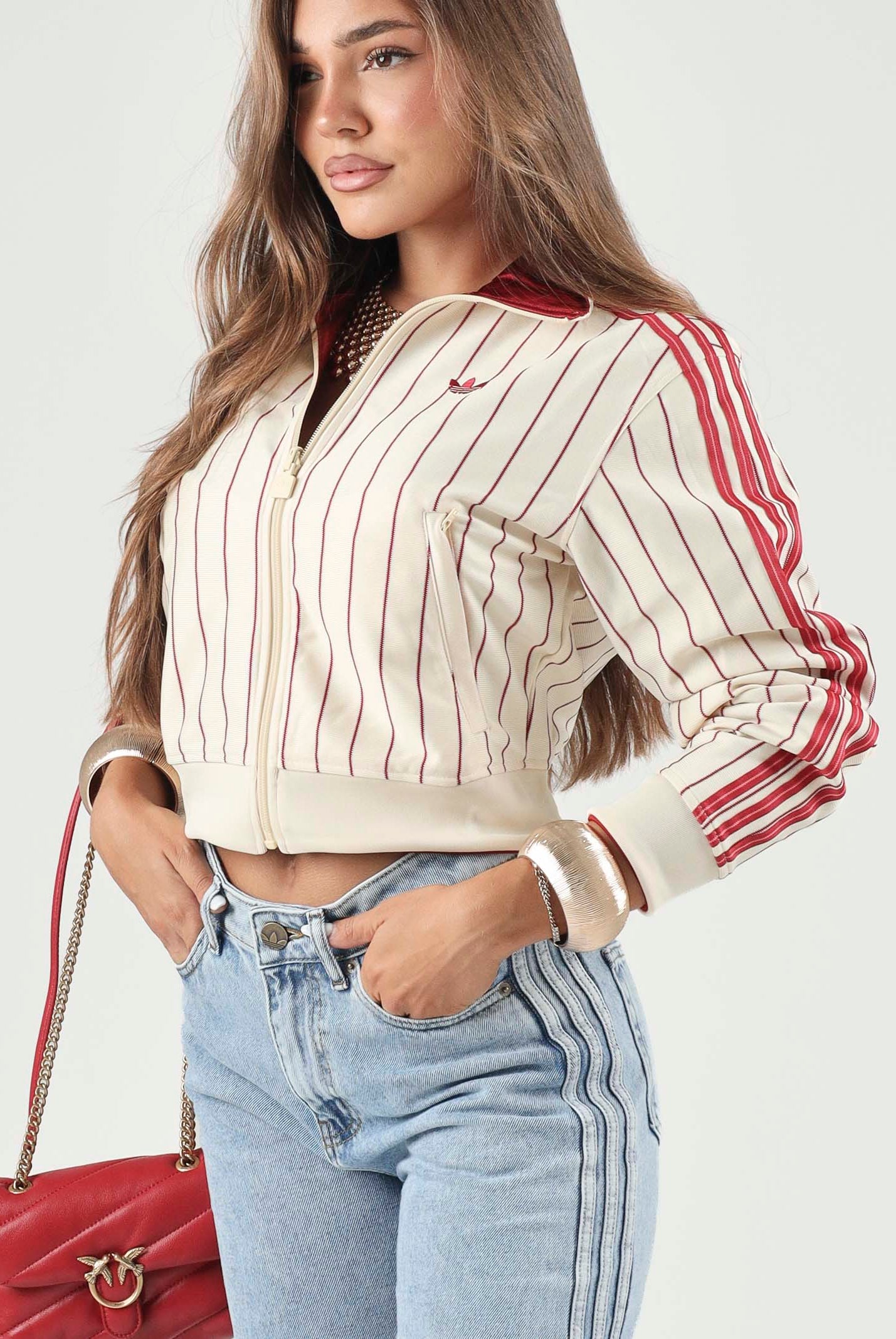 ADIDAS ORIGINALS Felpa con zip ADICOLOR PINSTRIPE vaniglia da donna con 3-stripes iconiche KT1850 . ADIDAS ORIGINALS