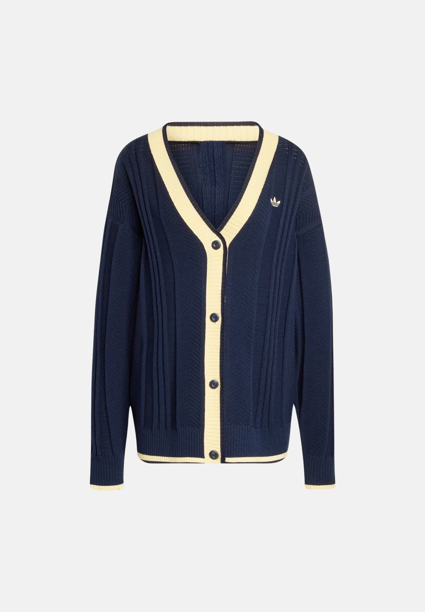 ADIDAS ORIGINALS Cardigan in maglia color navy-vaniglia da donna con lavorazione a trecce e profili a contrasto KT1859 . ADIDAS ORIGINALS