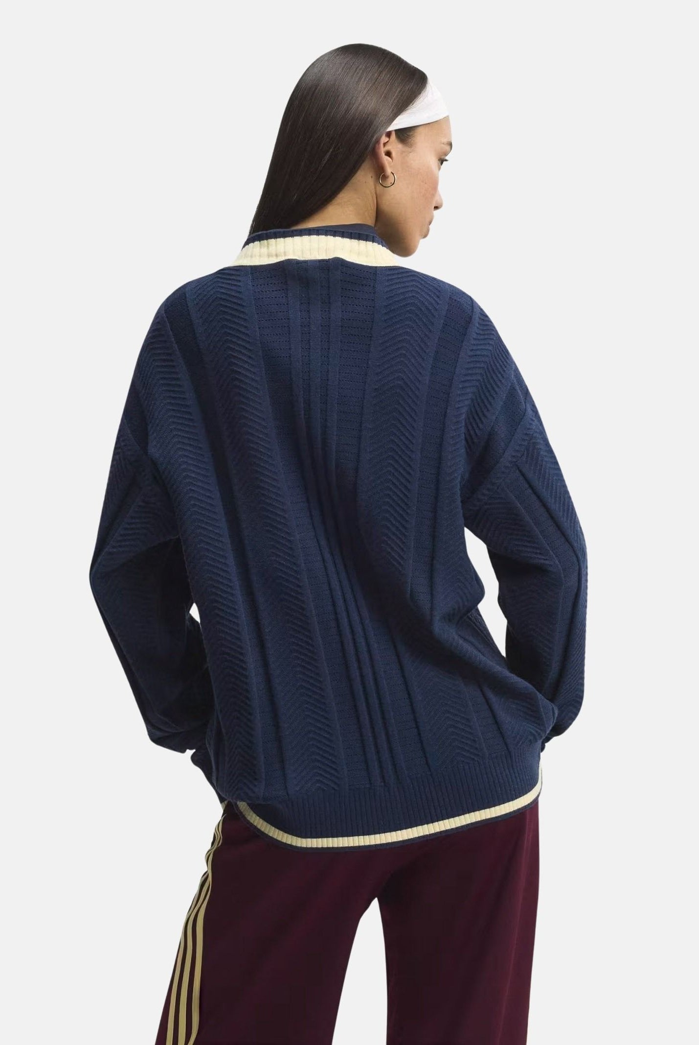 ADIDAS ORIGINALS Cardigan in maglia color navy-vaniglia da donna con lavorazione a trecce e profili a contrasto KT1859 . ADIDAS ORIGINALS