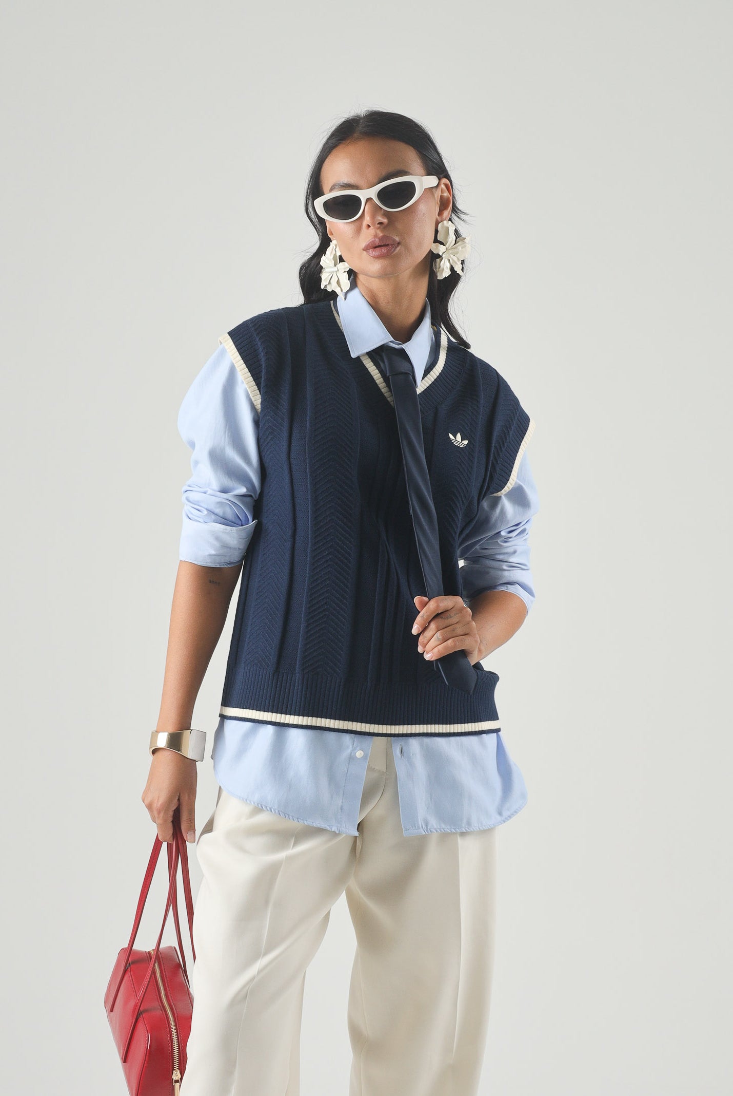 ADIDAS ORIGINALS Gilet CABLE KNIT indigo blu notte da donna con motivo a trecce <BR/> KT1861 . ADIDAS ORIGINALS