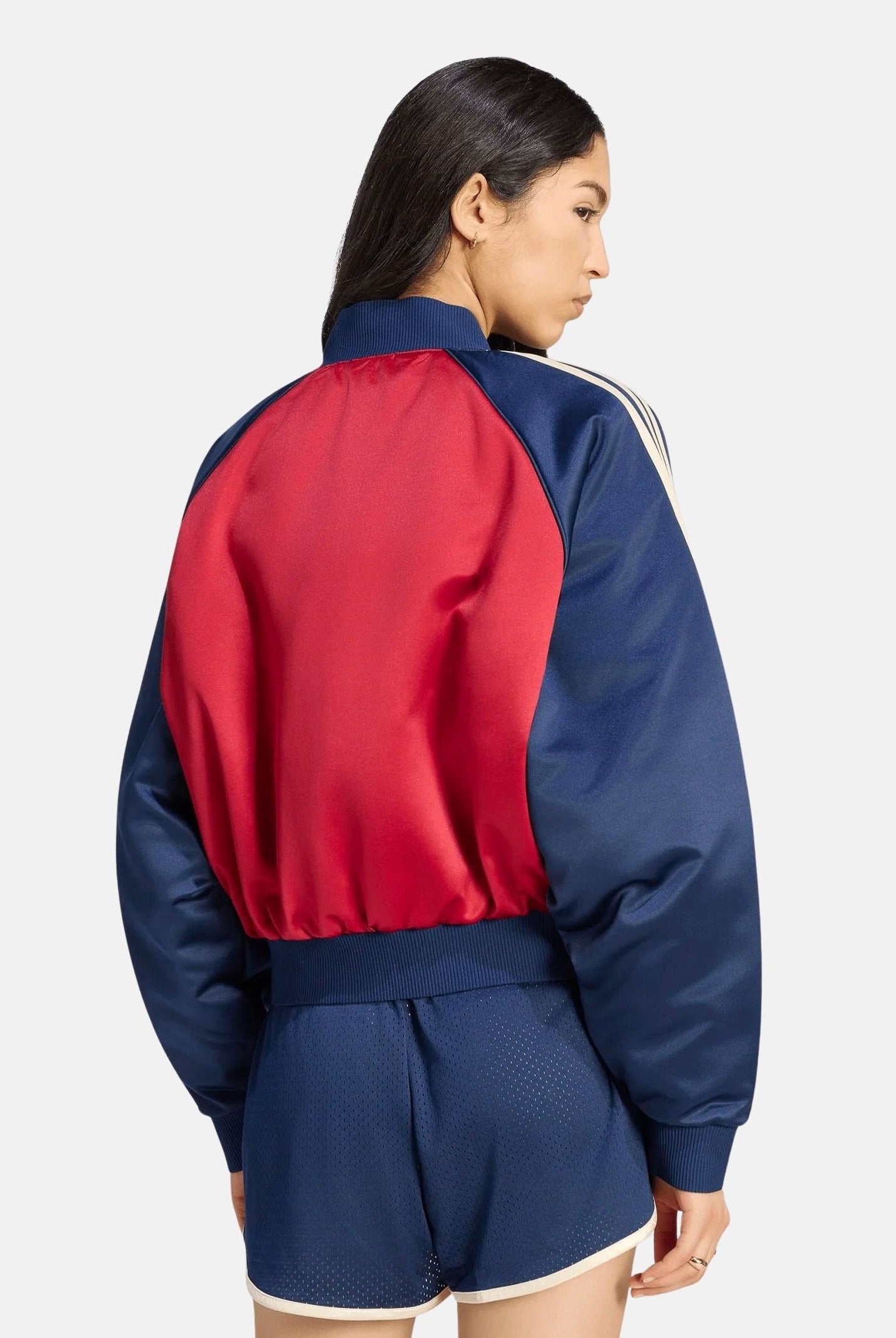 ADIDAS ORIGINALS Giubbotto Bomber SATIN rosso-blu da donna con mini logo iconico KT2646 . ADIDAS ORIGINALS