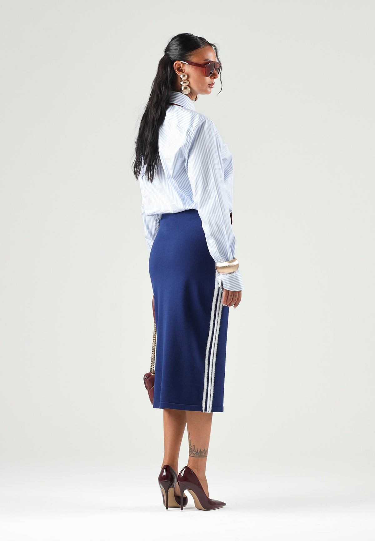 ADIDAS ORIGINALS Gonna midi KNITTED SKIRT Dark Blue, blu scuro da donna KW2586 . ADIDAS ORIGINALS