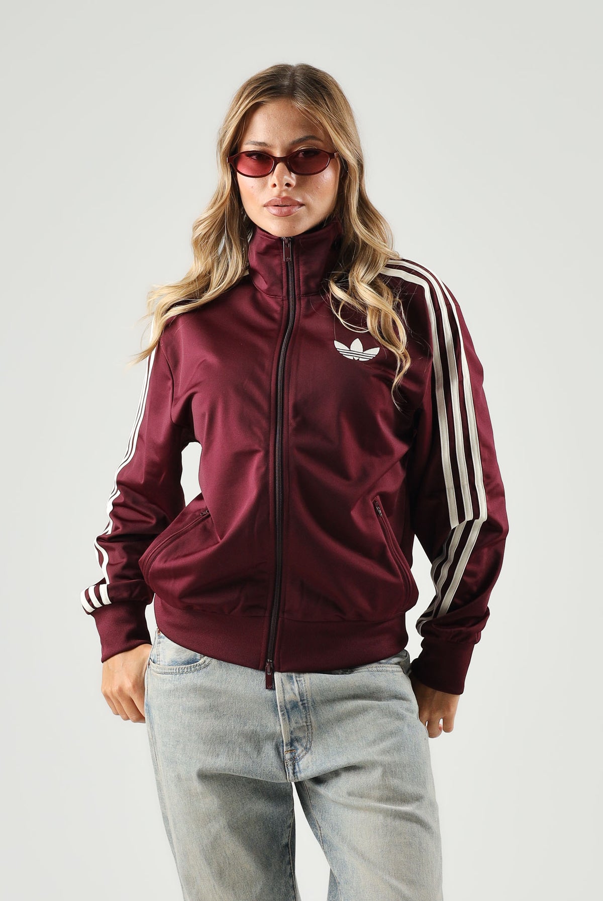 ADIDAS ORIGINALS Felpa con zip FIREBIRD TRACK TOP maroon bordeaux da donna con logo iconico LC6500 . ADIDAS ORIGINALS