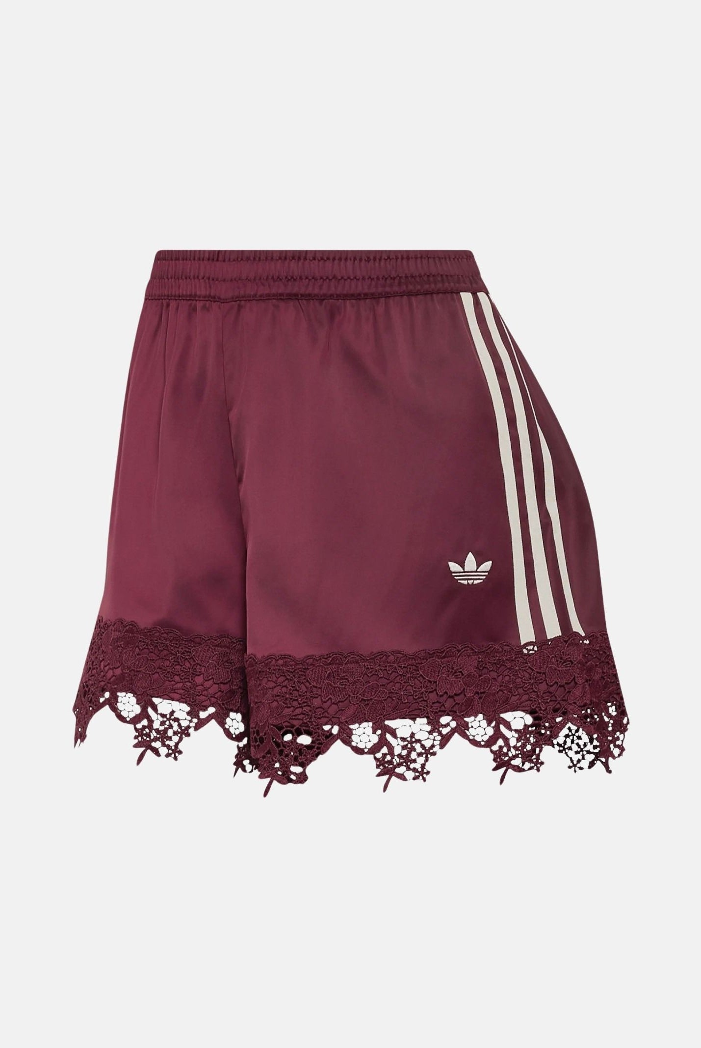 ADIDAS ORIGINALS Shorts SATIN maroon-bordeaux da donna con bande laterali 3-Stripes e dettaglio in pizzo sul fondo. LD1810 . ADIDAS ORIGINALS
