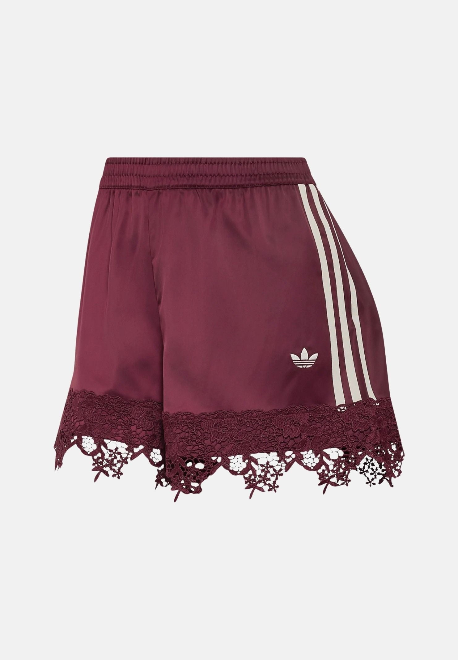 ADIDAS ORIGINALS Shorts SATIN maroon-bordeaux da donna con bande laterali 3-Stripes e dettaglio in pizzo sul fondo. LD1810 . ADIDAS ORIGINALS