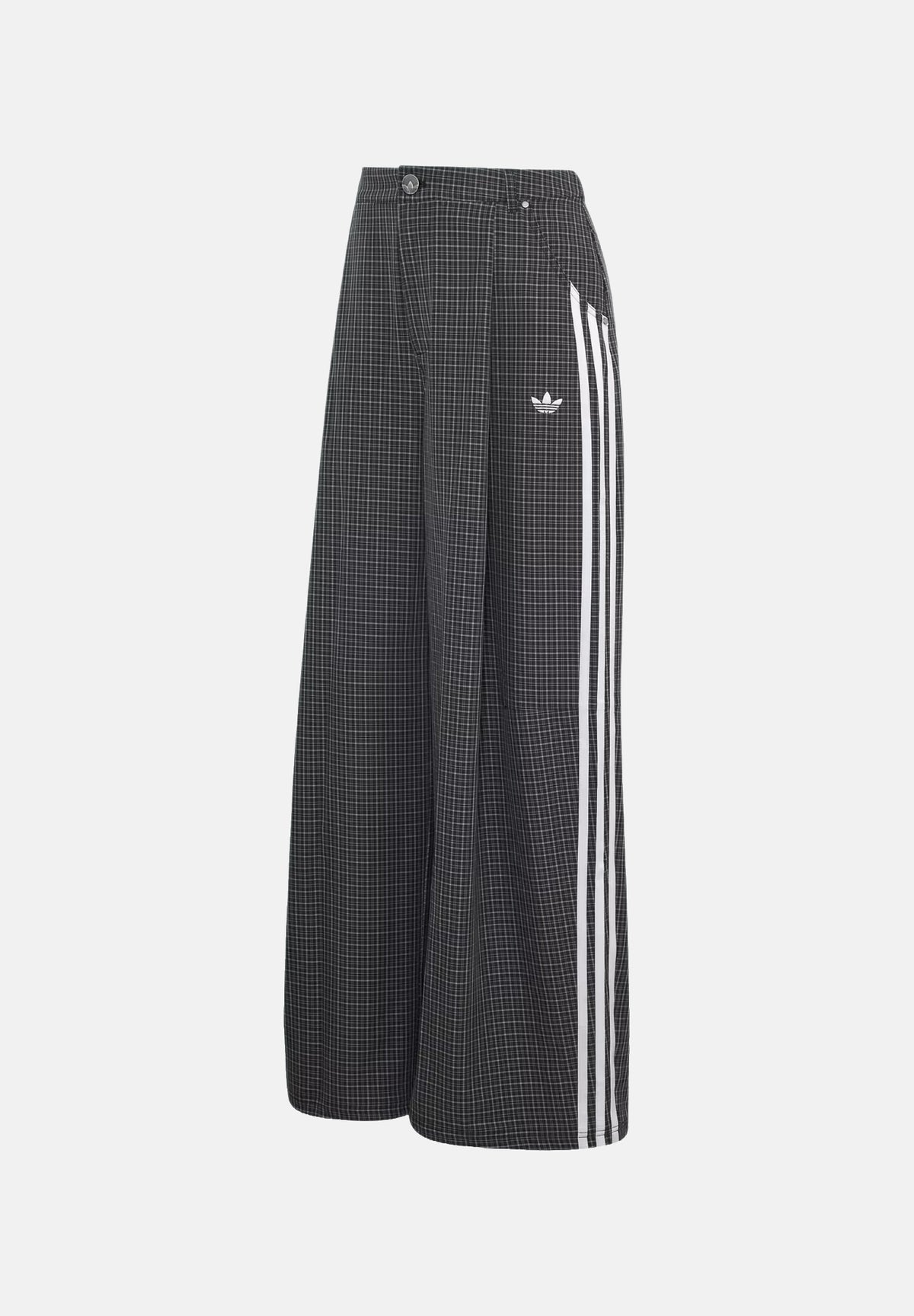 ADIDAS ORIGINALS Pantaloni CHECKS TROUSER LOOSE Black / Grey Three / Utility Black neri e grigio scuro da donna con fantasia a quadri tono su tono, vestibilità loose fit, gamba ampia, iconiche tre strisce laterali a contrasto e logo Trifoglio LD5340 . ADIDAS ORIGINALS