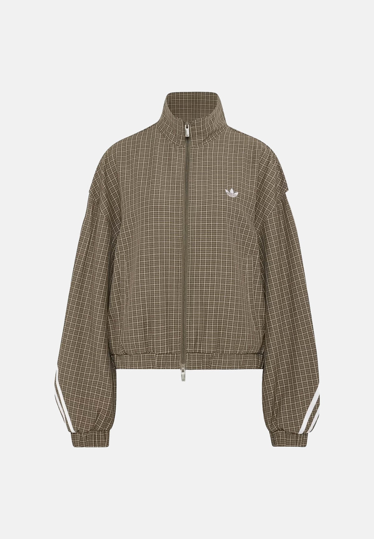 ADIDAS ORIGINALS Felpa con zip CHECKS TRACK TOP Olive Strata multicolore verde oliva, beige e marrone tortora da donna, con fantasia a quadri, collo alto, maniche lunghe e iconiche tre strisce sulle maniche. LE8306 . ADIDAS ORIGINALS