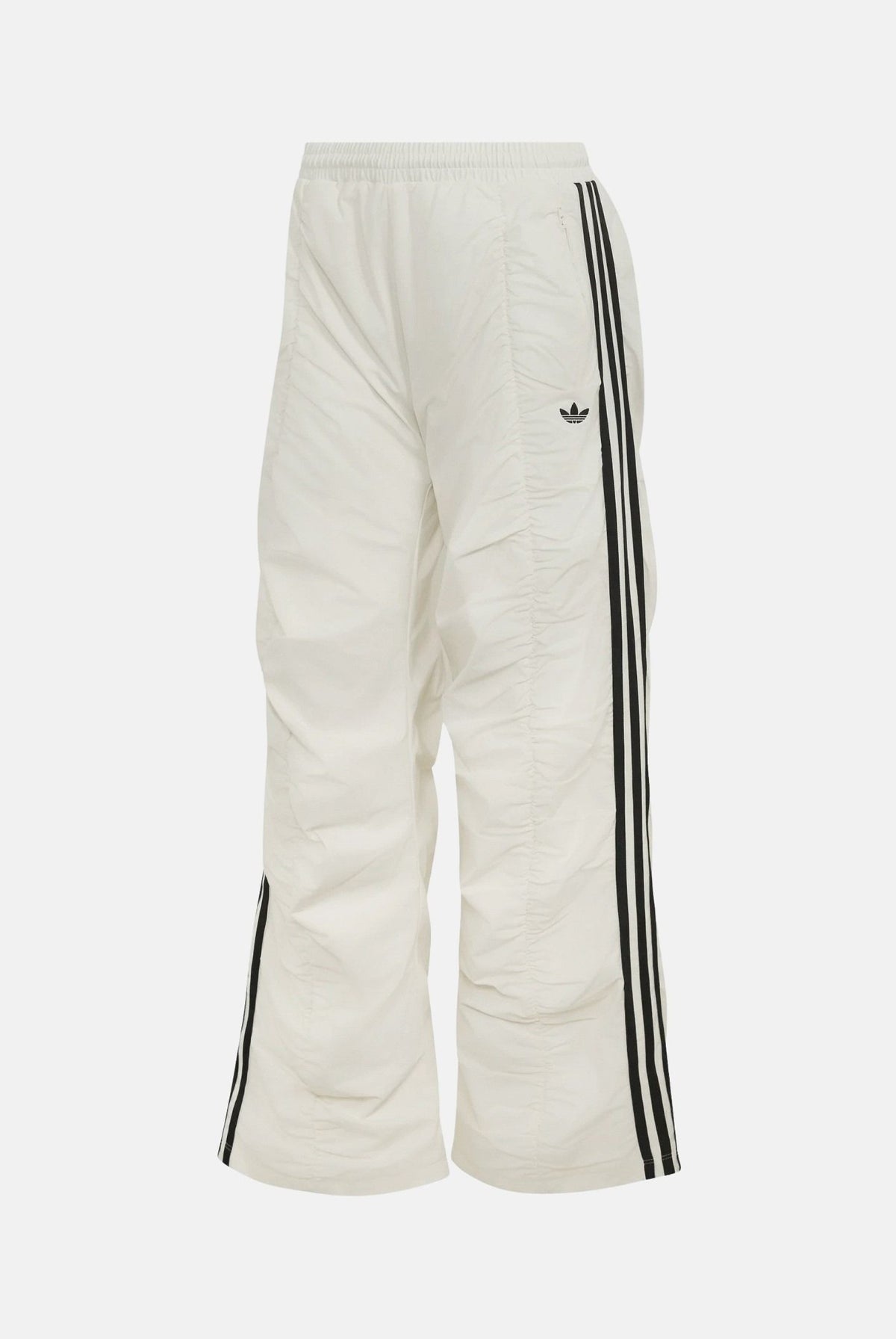 ADIDAS ORIGINALS Pantaloni ADILENIUM SEASON 6 RUFFLED Off White bianco da donna, con gamba ampia, arricciature e bande laterali nere.<BR/> LH1929 . ADIDAS ORIGINALS