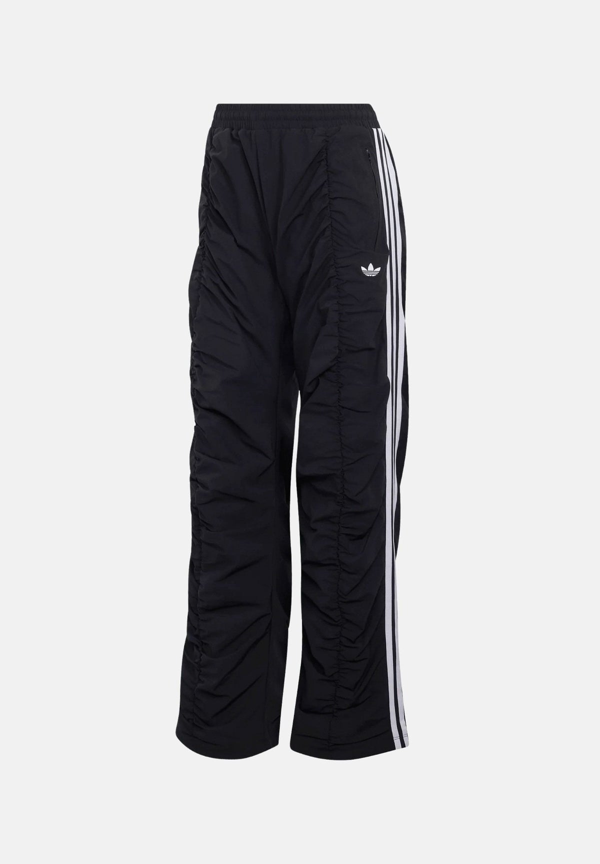 ADIDAS ORIGINALS Pantaloni ADILENIUM SEASON 6 RUFFLED Black neri da donna, in tessuto tecnico con gamba ampia, arricciature e bande laterali. LH1930 . ADIDAS ORIGINALS
