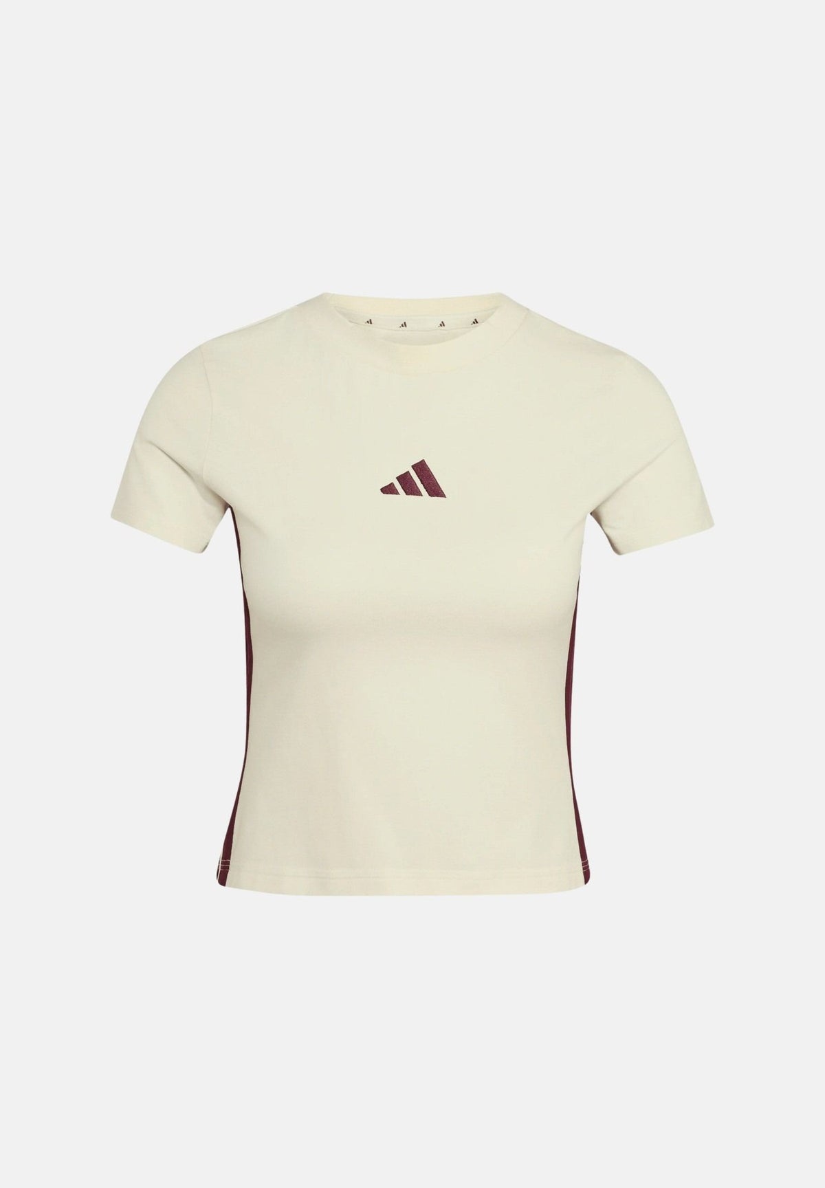 ADIDAS PERFORMANCE T-shirt ESSENTIALS 3-STRIPES SLIM BABY Ivory/Maroon avorio e bordeaux da donna, con girocollo e logo sul petto. KF6280 . ADIDAS PERFORMANCE