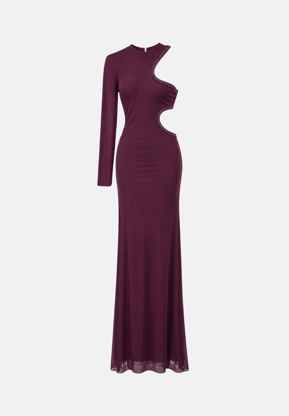 ALMA SANCHEZ Abito lungo AONA-RT Amarena bordeaux scuro da donna, con manica unica, aperture cut-out sul fianco e gonna fluida. AS2627023RT AM ALMA SANCHEZ