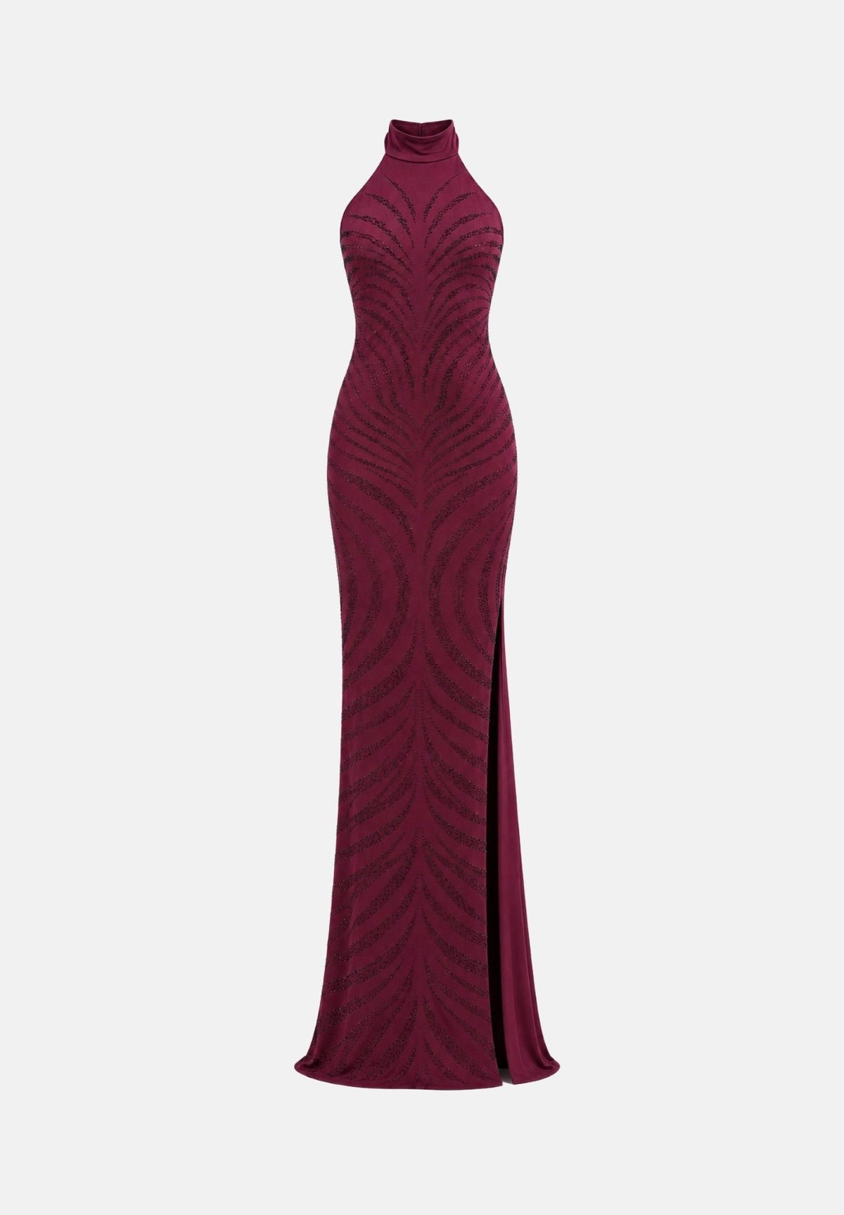 ALMA SANCHEZ Abito lungo Amarena bordeaux da donna, con collo alto, spalle scoperte, applicazioni di strass.<BR/> AS2627037E AM ALMA SANCHEZ