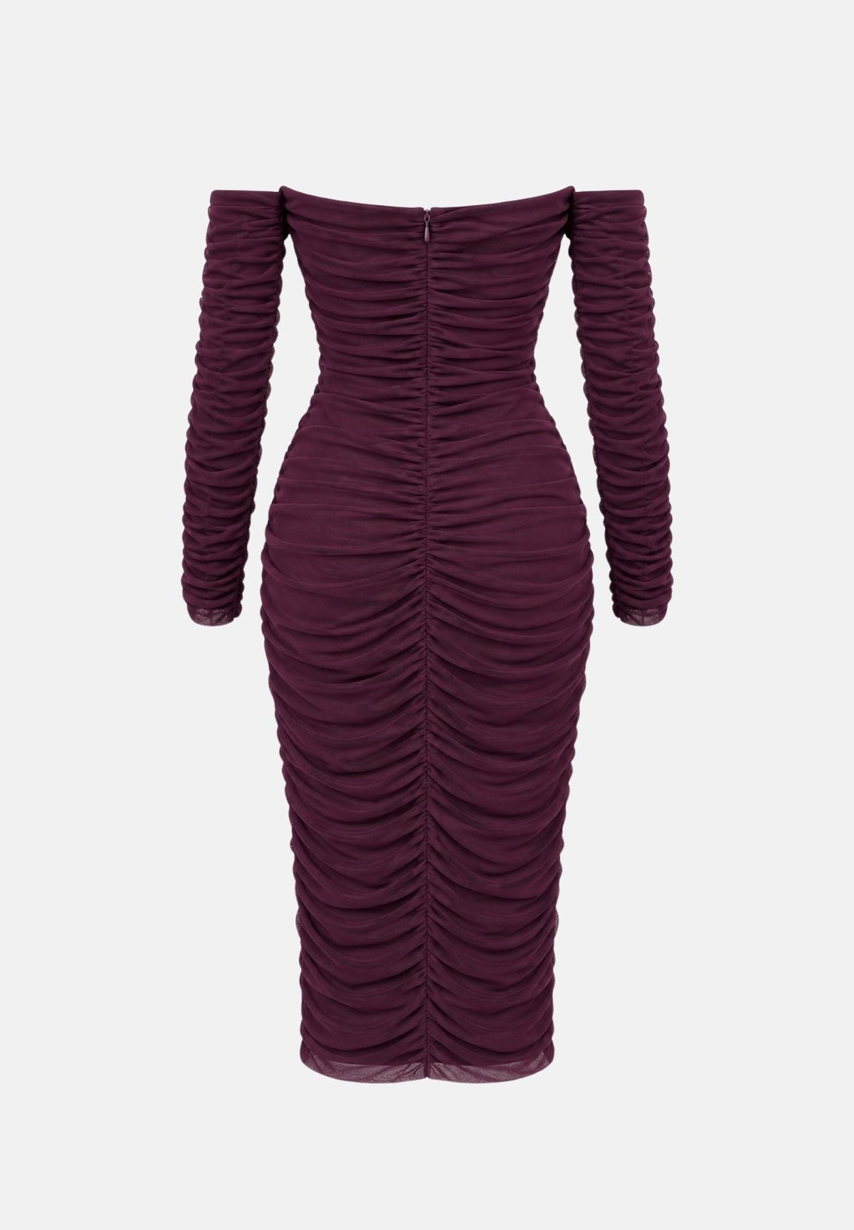 ALMA SANCHEZ Abito lungo drappeggiato Amarena bordeaux da donna, con scollo a cuore, spalle scoperte e maniche lunghe. AS2627082RT AM ALMA SANCHEZ