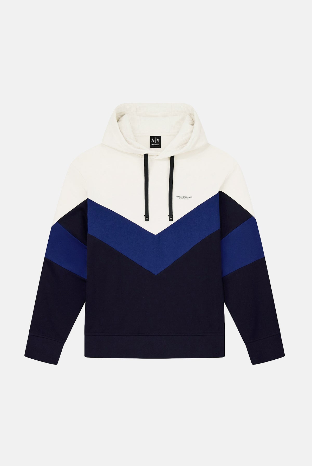 ARMANI EXCHANGE Felpa con cappuccio COLORBLOCK off white-bianca per uomo con motivo geometrico a V sul petto. XM002963AF20934 M0378 ARMANI EXCHANGE
