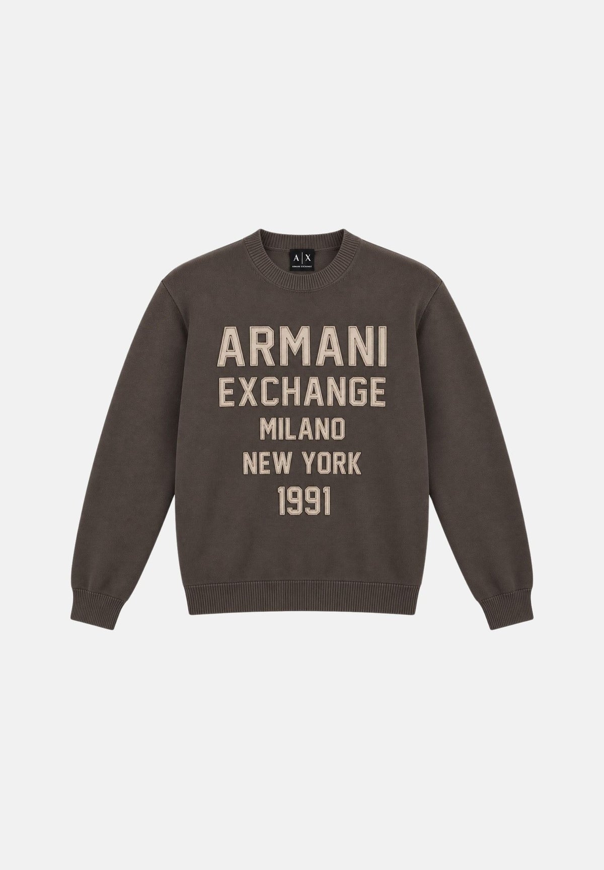 ARMANI EXCHANGE Maglione girocollo marrone per uomo con maxi scritta logo sul davanti. XM002994AF12930 U6125 ARMANI EXCHANGE
