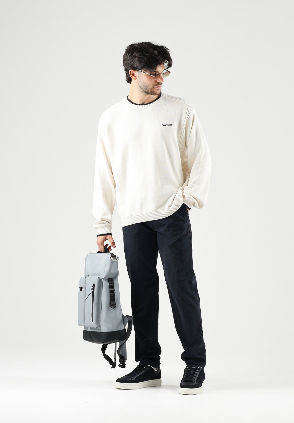 ARMANI EXCHANGE Maglione girocollo vintage off whit per uomo con scollo a costine e logo sul petto. XM003009AF28775 U0007 ARMANI EXCHANGE
