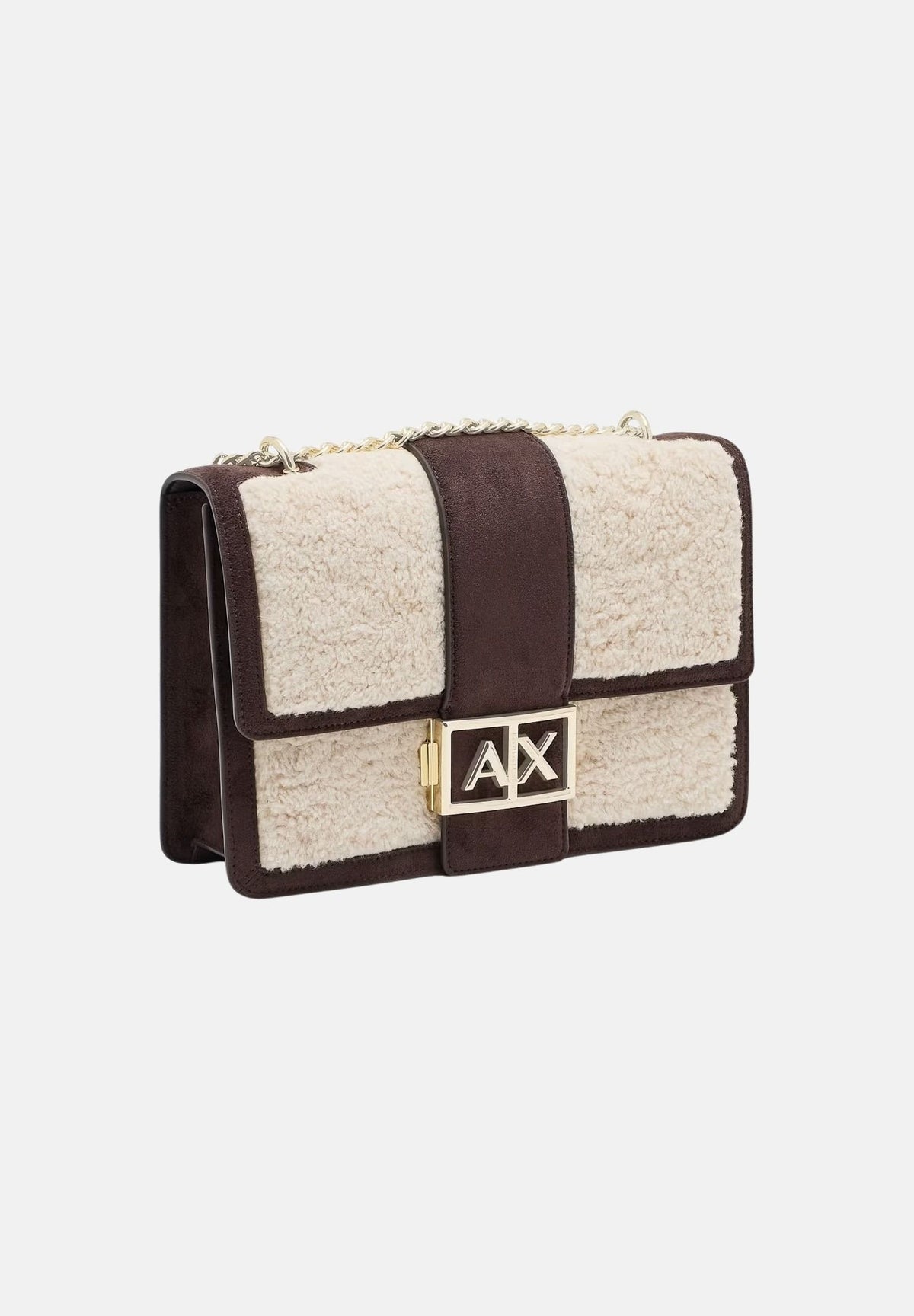 ARMANI EXCHANGE Borsa a tracolla marrone per donna con profili in ecopelliccia e chiusura a patta. XW000070AF28295 M6027 ARMANI EXCHANGE