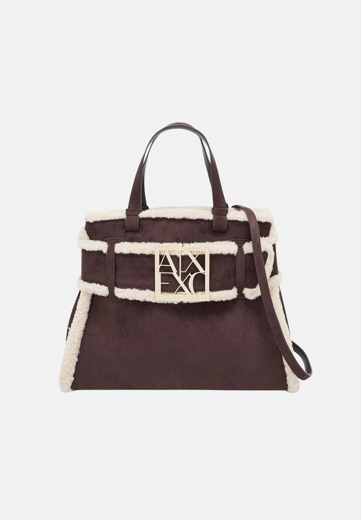 ARMANI EXCHANGE Borsa tote bag marrone per donna con profili in ecopelliccia e maxi logo frontale. XW000285AF26995 M6027 ARMANI EXCHANGE