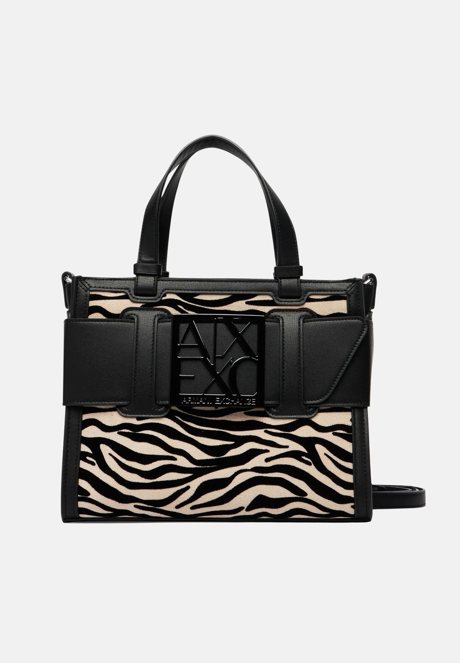 ARMANI EXCHANGE Borsa a mano nera da donna con inserto in tessuto animalier zebrato e maxi fibbia logo XW000392AF26445 MC149 ARMANI EXCHANGE