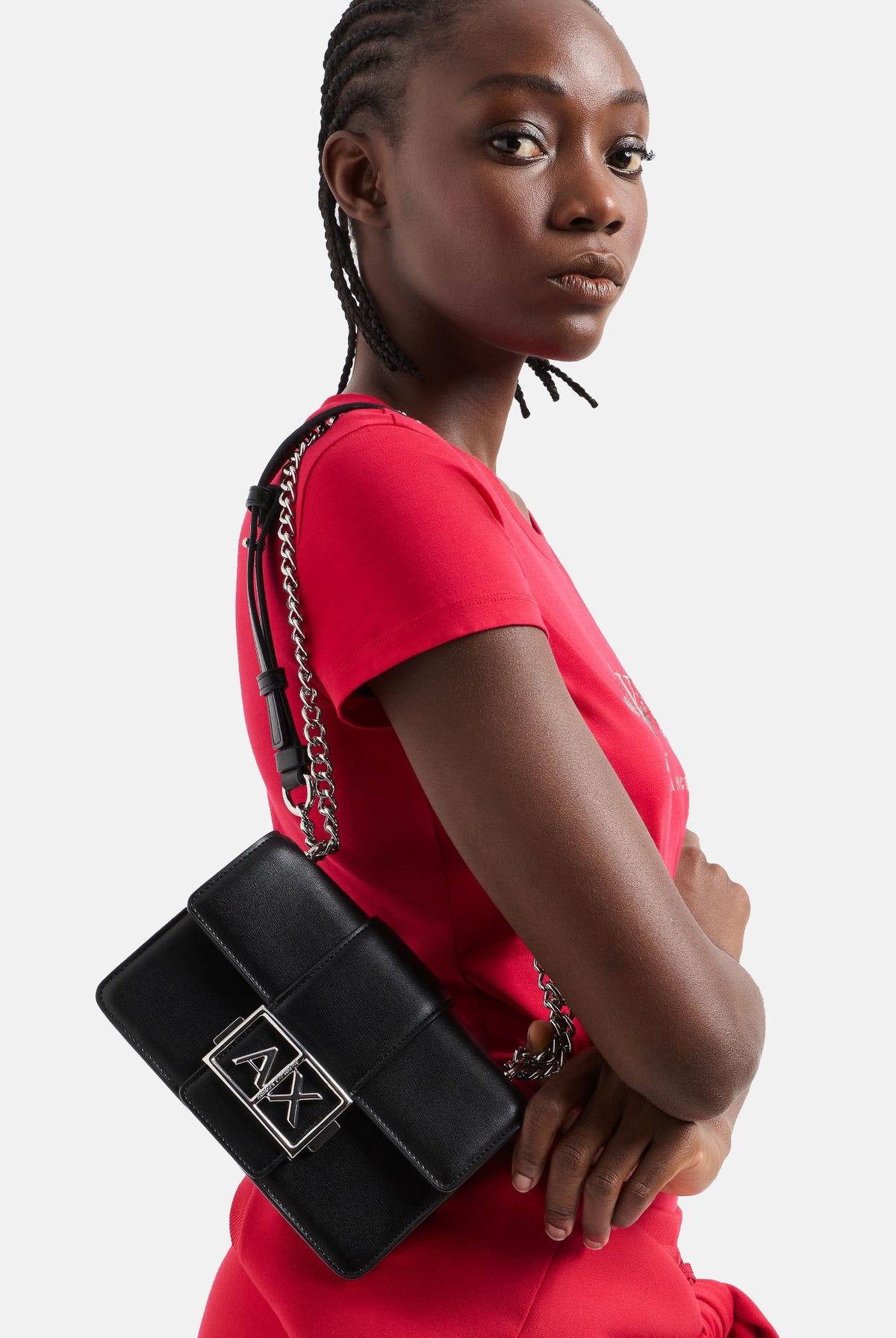 ARMANI EXCHANGE Borsa a tracolla nera per donna con catena metallica e logo frontale. XW000071AF12039 UC001 ARMANI EXCHANGE