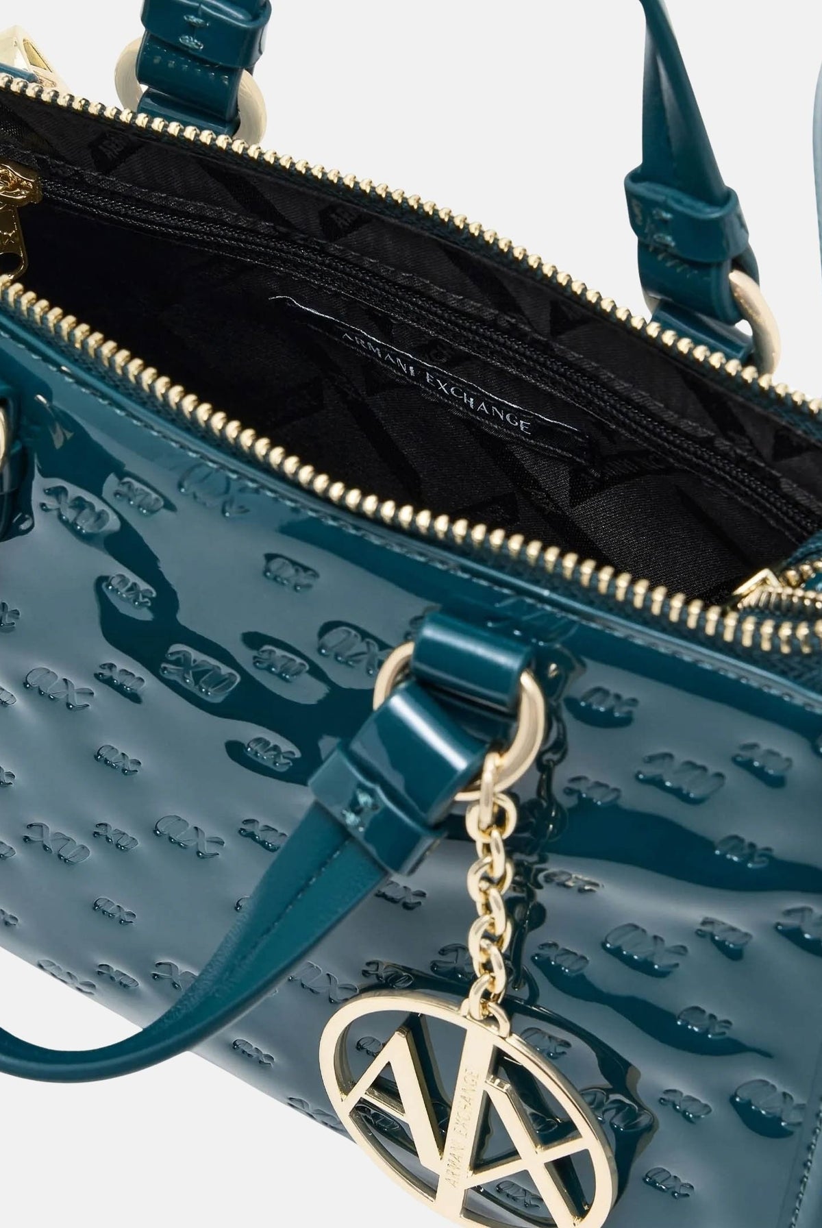 ARMANI EXCHANGE Borsa a mano mistery-verde ottanio per donna con finitura lucida testurizzata e charm logo pendente. XW000928AF26968 U7338 ARMANI EXCHANGE