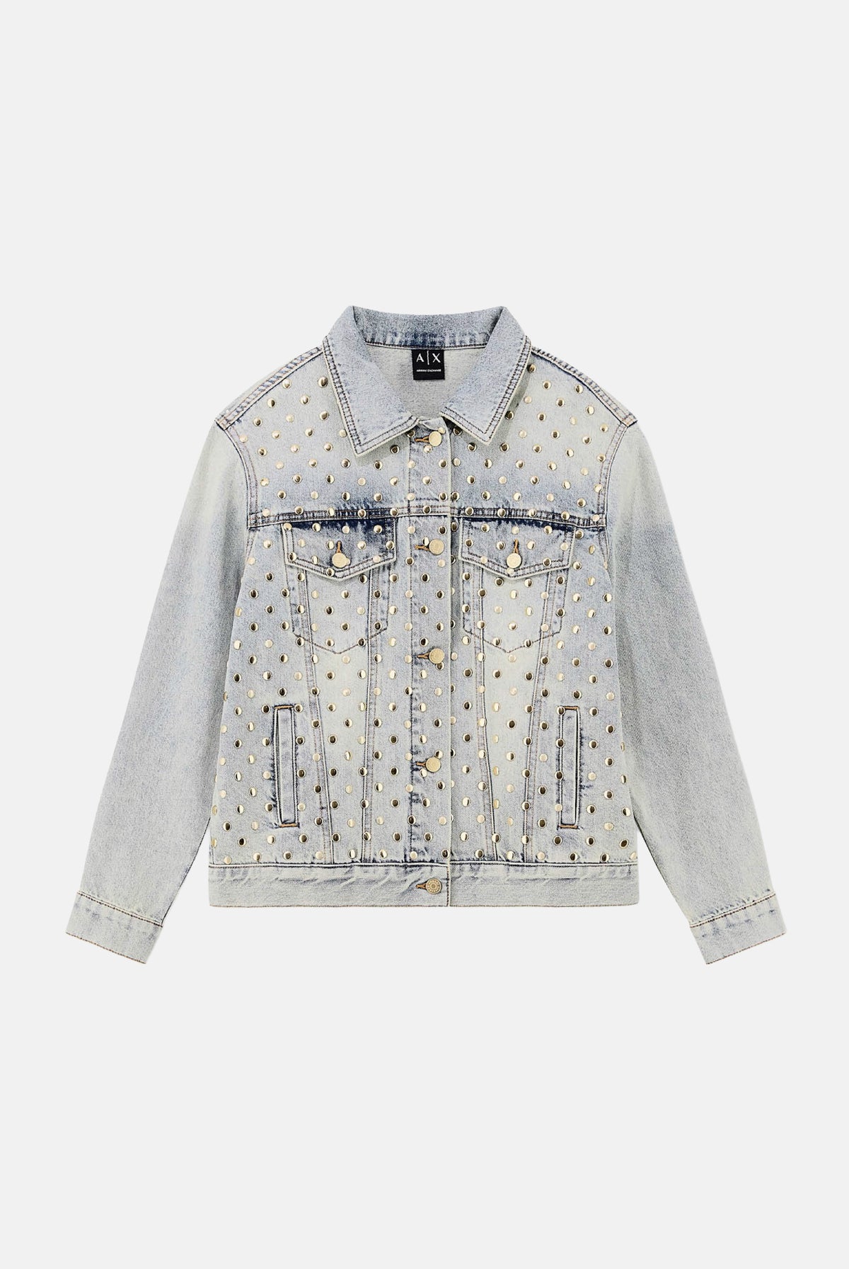 ARMANI EXCHANGE Giubbotto di jeans GEMS light blue denim per donna con colletto classico e applicazioni di strass. XW002526AF25775 MB003 ARMANI EXCHANGE
