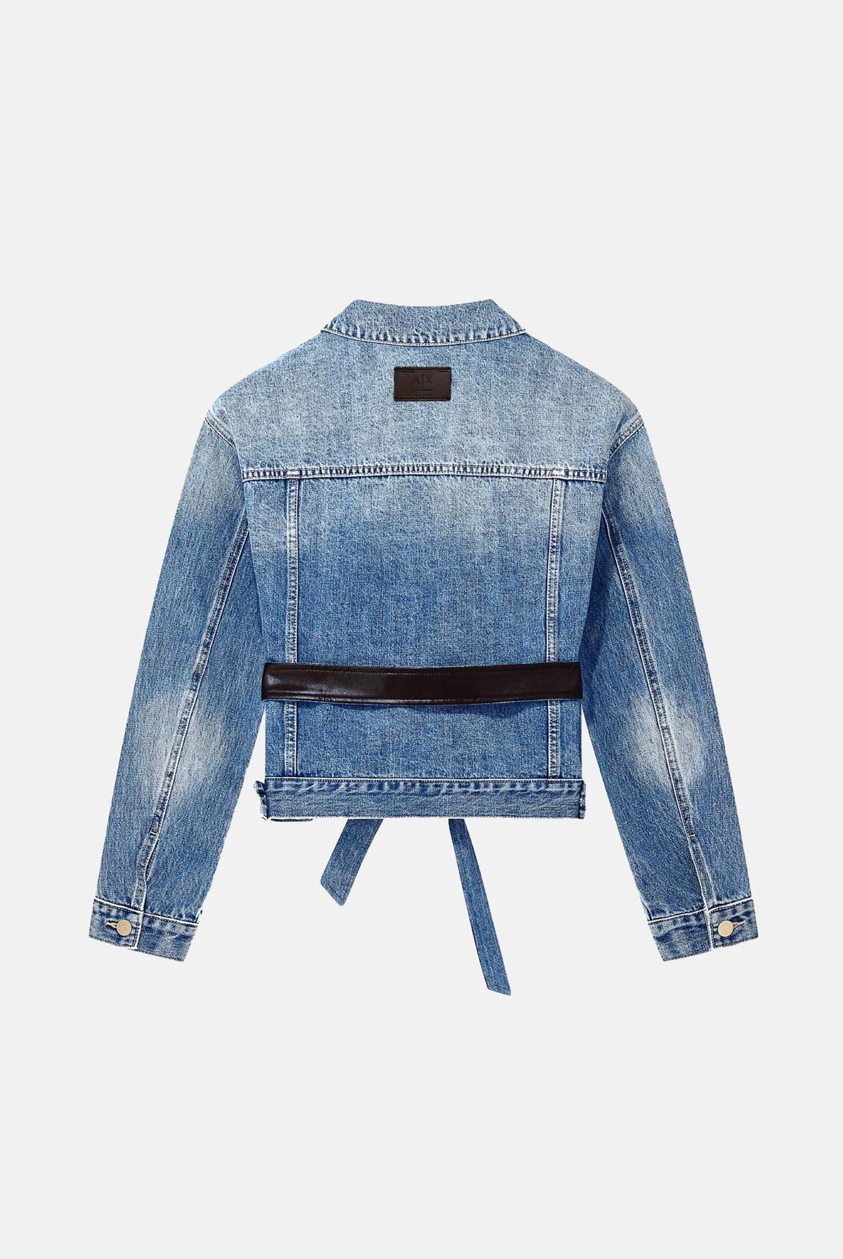 ARMANI EXCHANGE Giubbotto di jeans light blue denim per donna con cintura in ecopelle e chiusura con bottoni. XW002531AF25766 MB001 ARMANI EXCHANGE