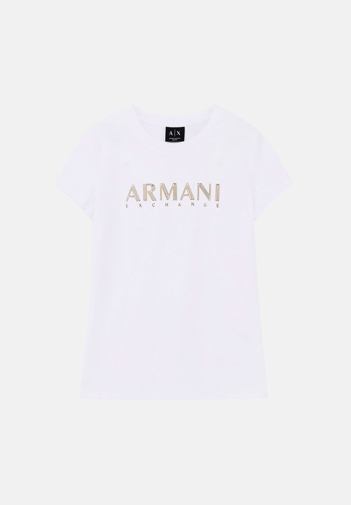 ARMANI EXCHANGE T-shirt manica corta optic white bianca da donna con logo metallico stampato sul petto. XW002547AF23955 U0002 ARMANI EXCHANGE