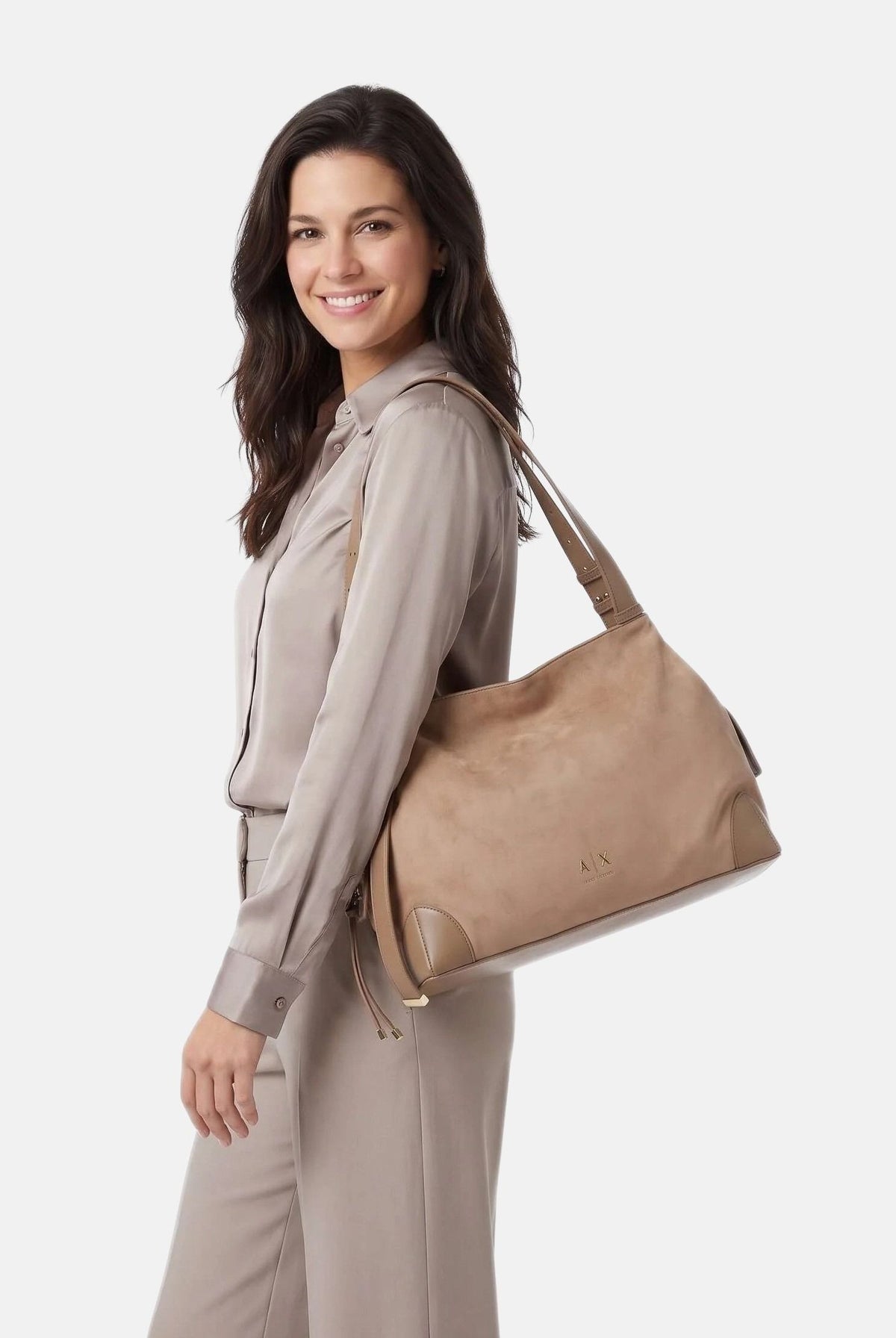 ARMANI EXCHANGE Borsa a spalla HOBO beige da donna con manico regolabile, chiusura con zip e dettagli metallici dorati. XW002603AF22666 U6186 ARMANI EXCHANGE