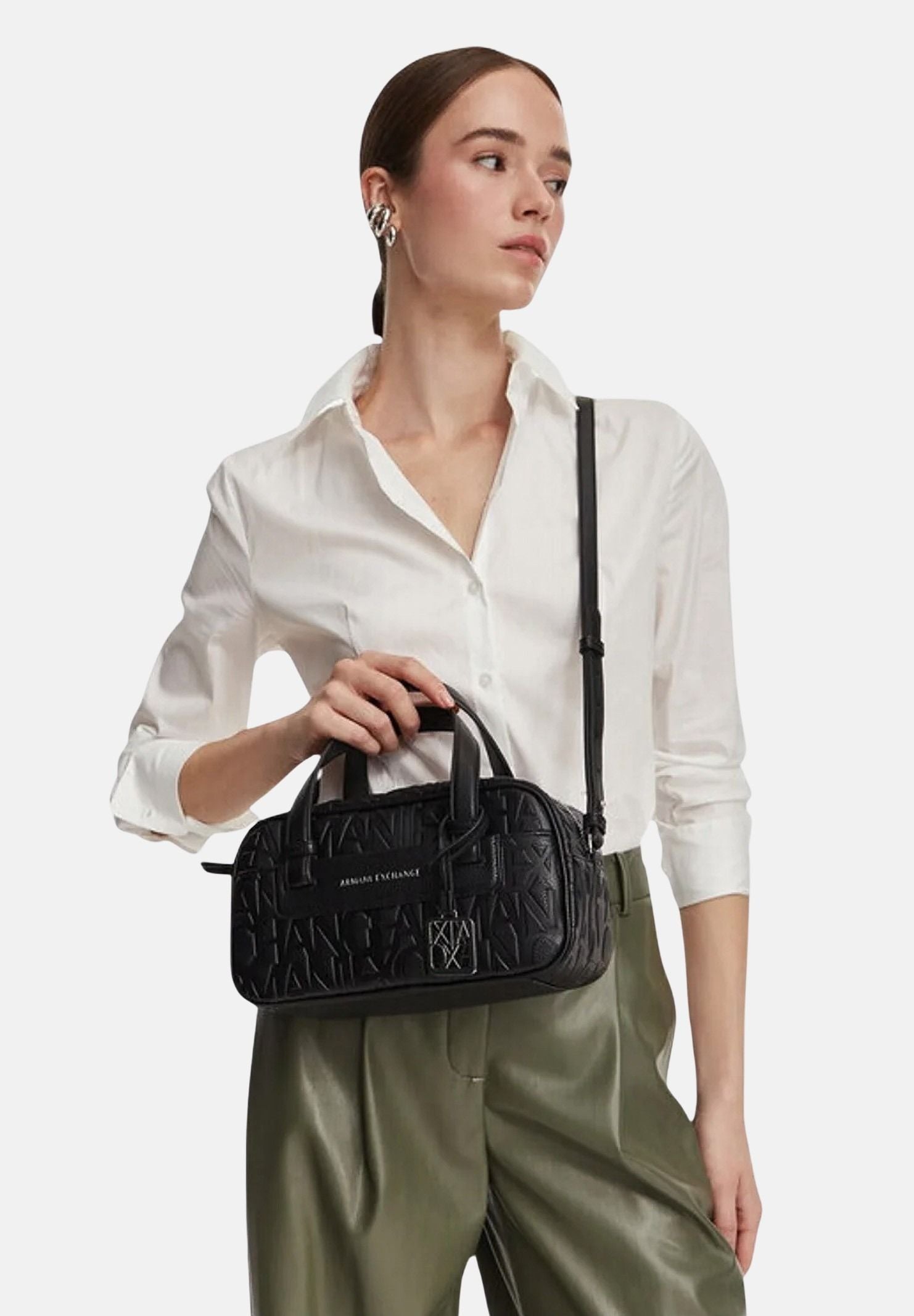 ARMANI EXCHANGE Borsa a mano nera da donna con stampa logo all-over e charm pendente XW002984AF15774 UC001 ARMANI EXCHANGE