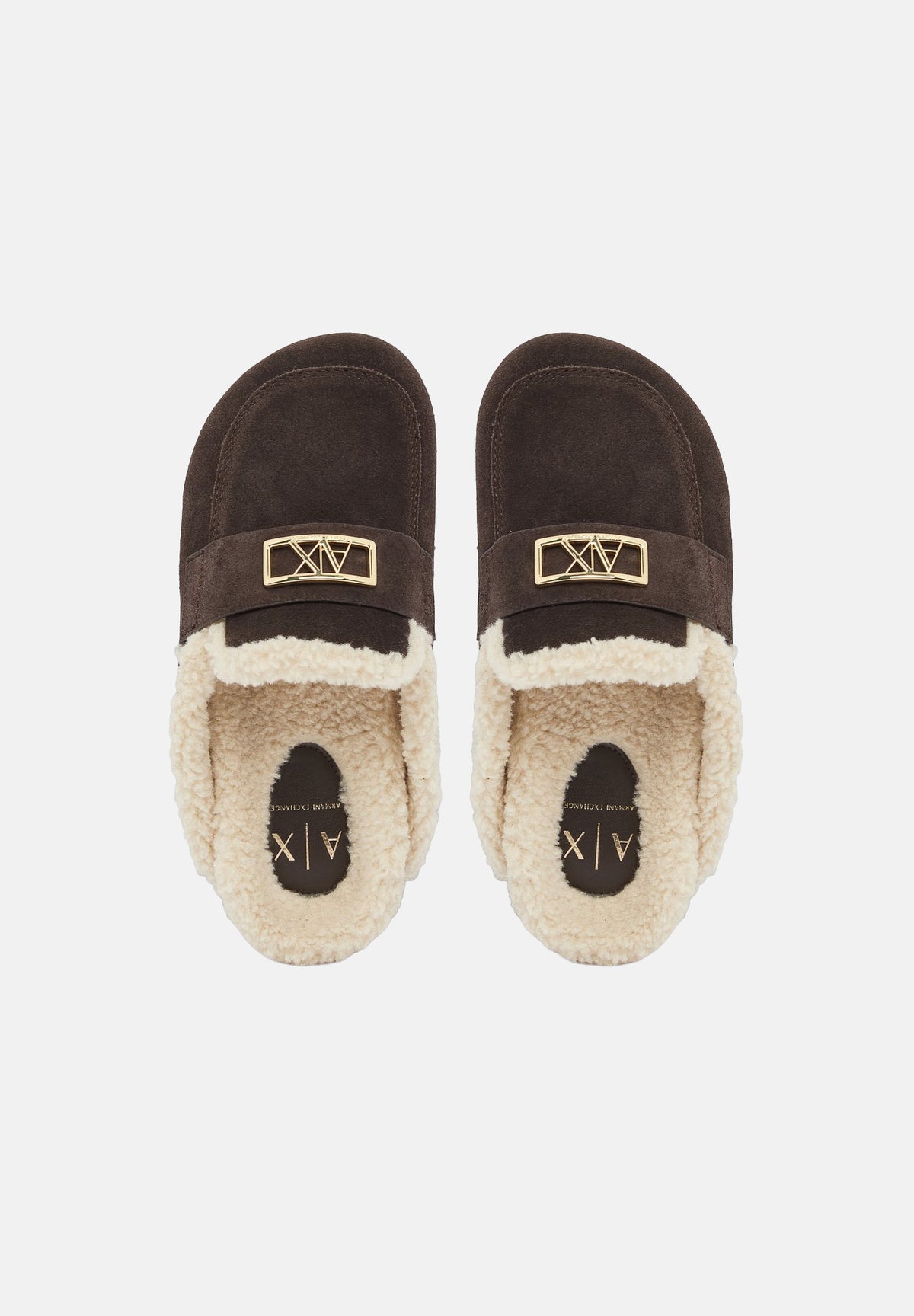 ARMANI EXCHANGE Ciabatta antagonist-marrone per donna con interno in pelliccia sintetica e fibbia logata. XW003096AF27450 M6444 ARMANI EXCHANGE