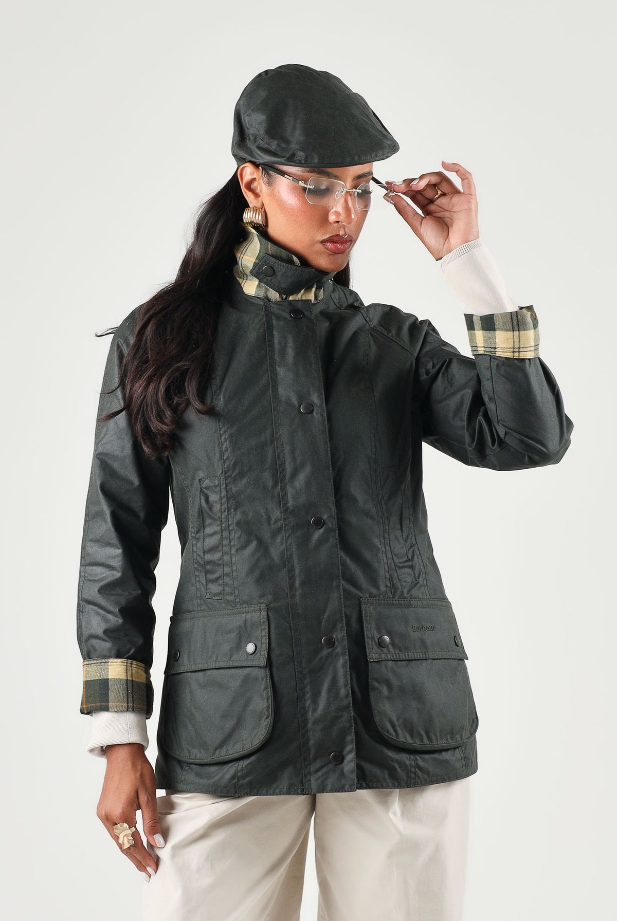 BARBOUR Giubbotto BEADNELL WAX JACKET sage-nero per donna con colletto in velluto a coste 262MLWX0667 SG91 BARBOUR