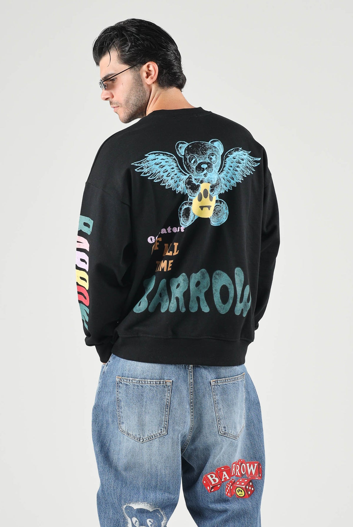 BARROW Felpa girocollo nera per uomo e donna con stampe grafiche colorate all-over. F6BWUASW073 110 BARROW