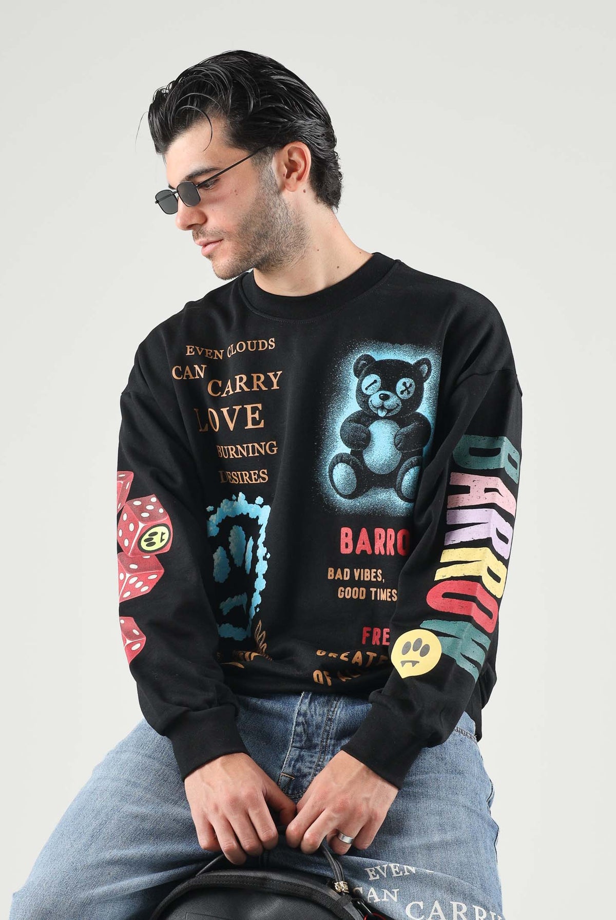 BARROW Felpa girocollo nera per uomo e donna con stampe grafiche colorate all-over. F6BWUASW073 110 BARROW
