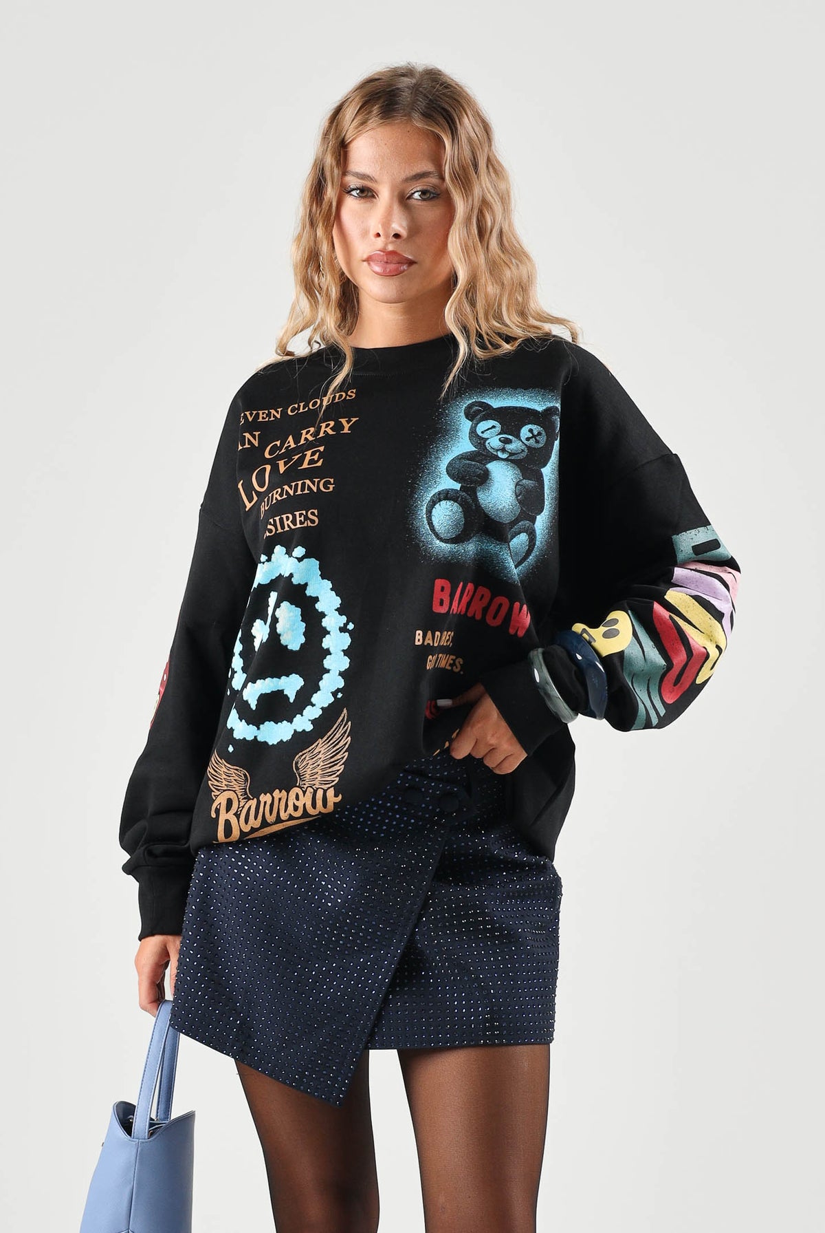BARROW Felpa girocollo nera per uomo e donna con stampe grafiche colorate all-over. F6BWUASW073 110 BARROW