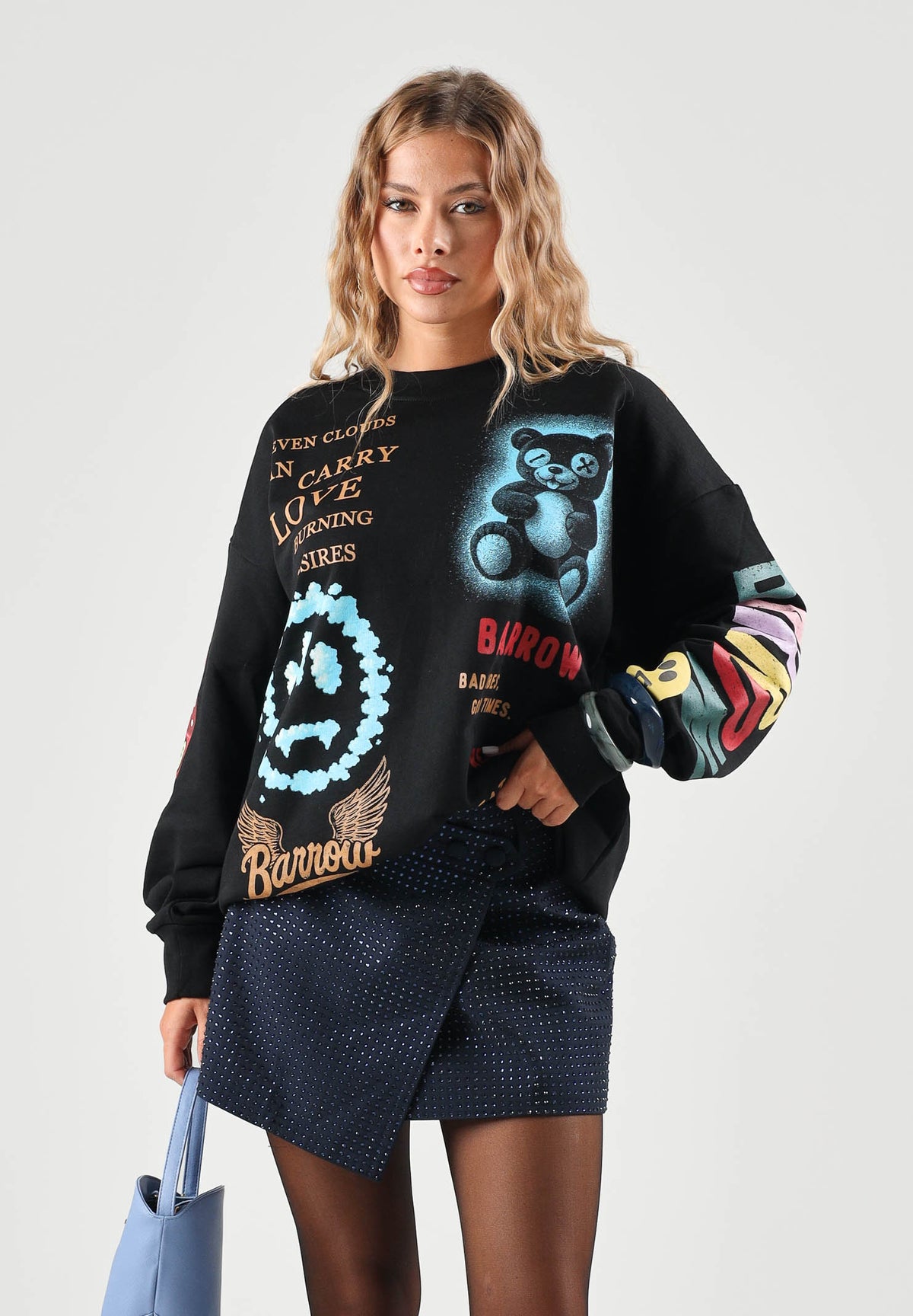 BARROW Felpa girocollo nera per uomo e donna con stampe grafiche colorate all-over. F6BWUASW073 110 BARROW