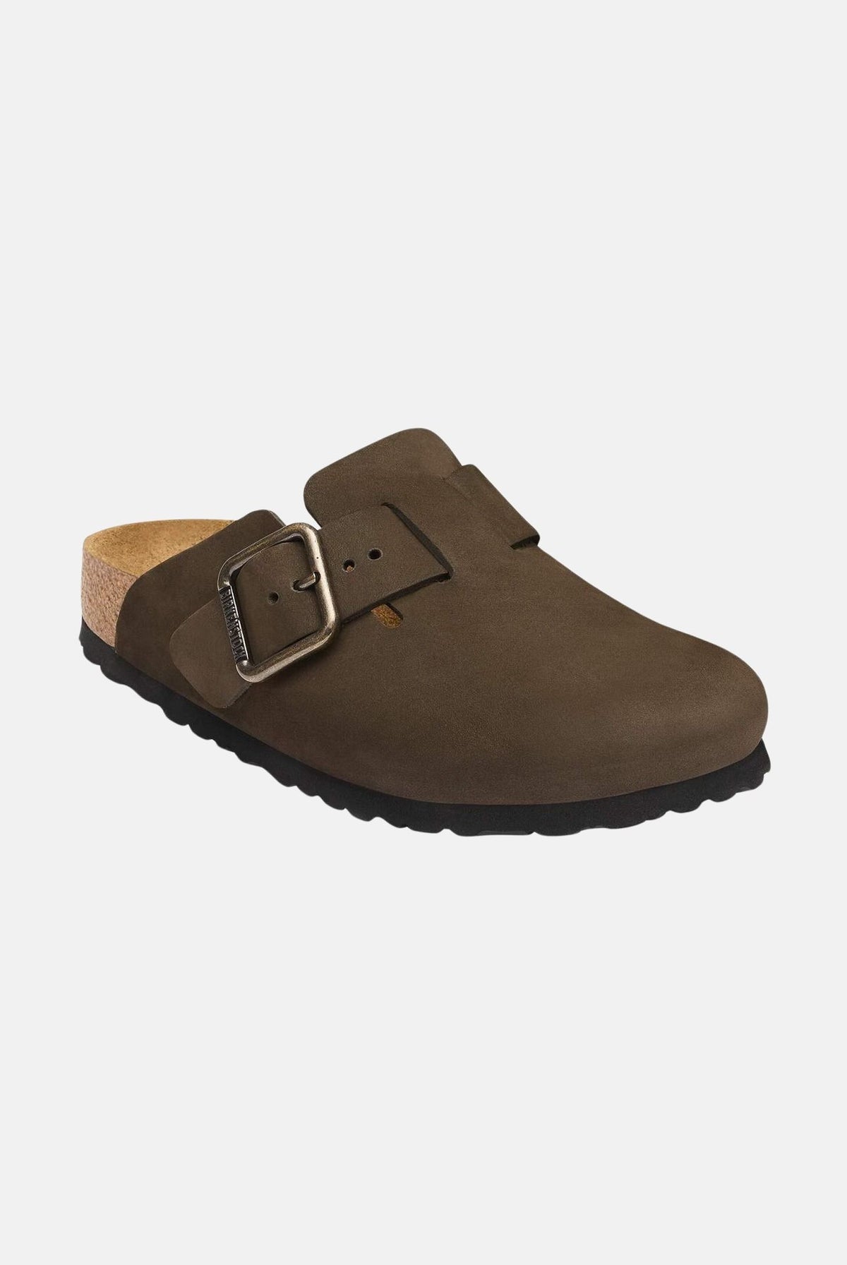 BIRKENSTOCK Ciabatte BOSTON BUCKLE marroni per uomo e donna con tomaia in pelle nabuk e fibbia metallica 1032762 . BIRKENSTOCK