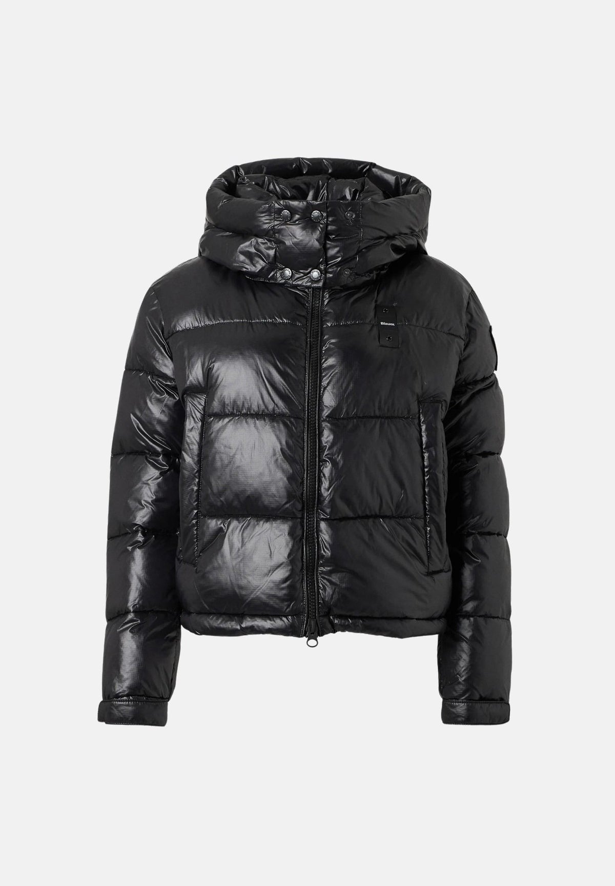BLAUER Piumino corto GLORIA Nero interno Beige nero da donna, in nylon micro-rip idrorepellente con imbottitura sintetica Sorona® Aura, cappuccio removibile, trapuntatura orizzontale, chiusura frontale con zip e fodera beige a contrasto. 26WBLDC02071-006648 999EI BLAUER