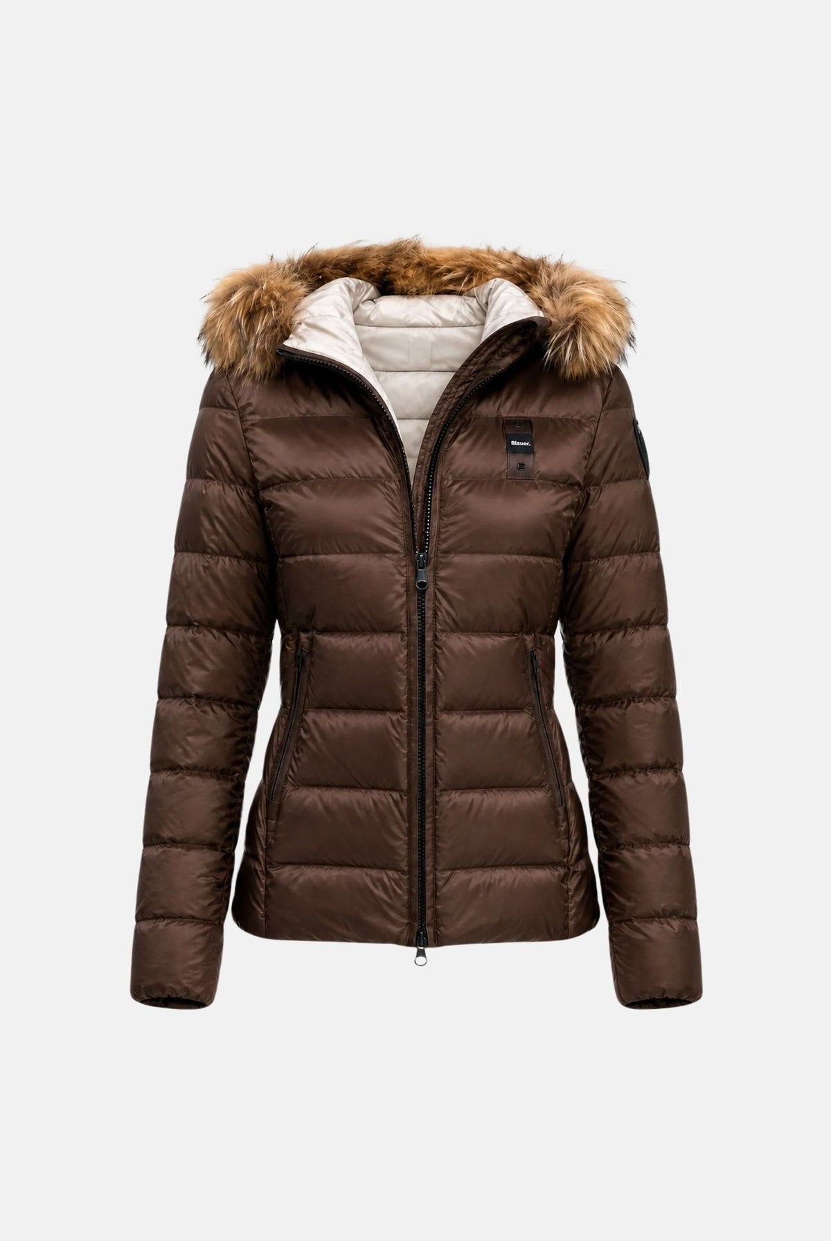 BLAUER piumino corto ARCADIA marrone cioccolato da donna in nylon lucido, con piuma d'anatra, cappuccio con pelliccia removibile e fodera beige. 26WBLDC03038-006047 30BEI BLAUER