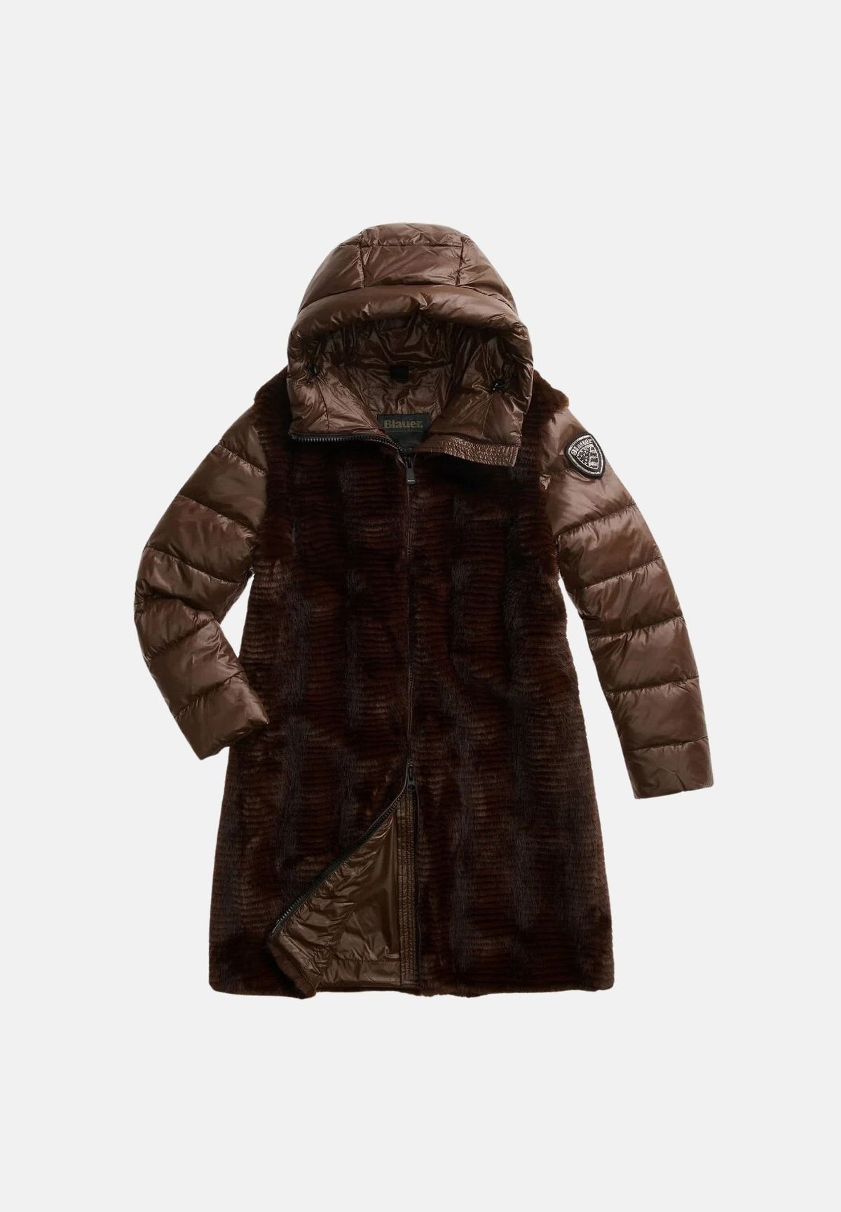 BLAUER Giubbotto cappotto ASPEN Brown marrone scuro da donna, bimaterico in morbida pelliccia ecologica sintetica e nylon lucido trapuntato, con cappuccio fisso, imbottitura Sorona® Aura e chiusura frontale con zip. 26WBLDK01223-007685 30B BLAUER