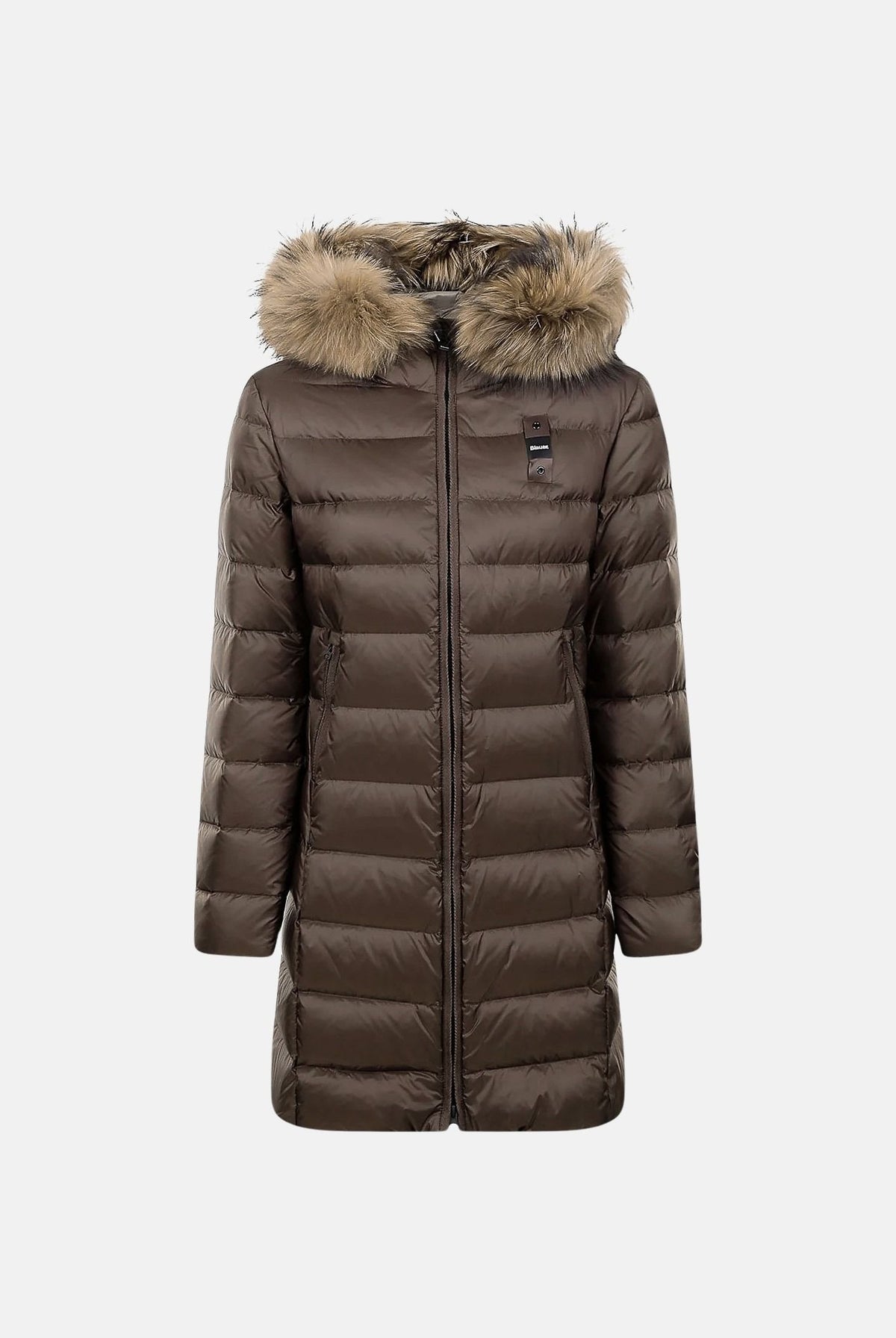 BLAUER Piumino lungo KRISTIN marrone scuro da donna, slim fit, in nylon lucido, con chiusura frontale e tasche laterali con zip. 26WBLDK03040-006047 30BEI BLAUER